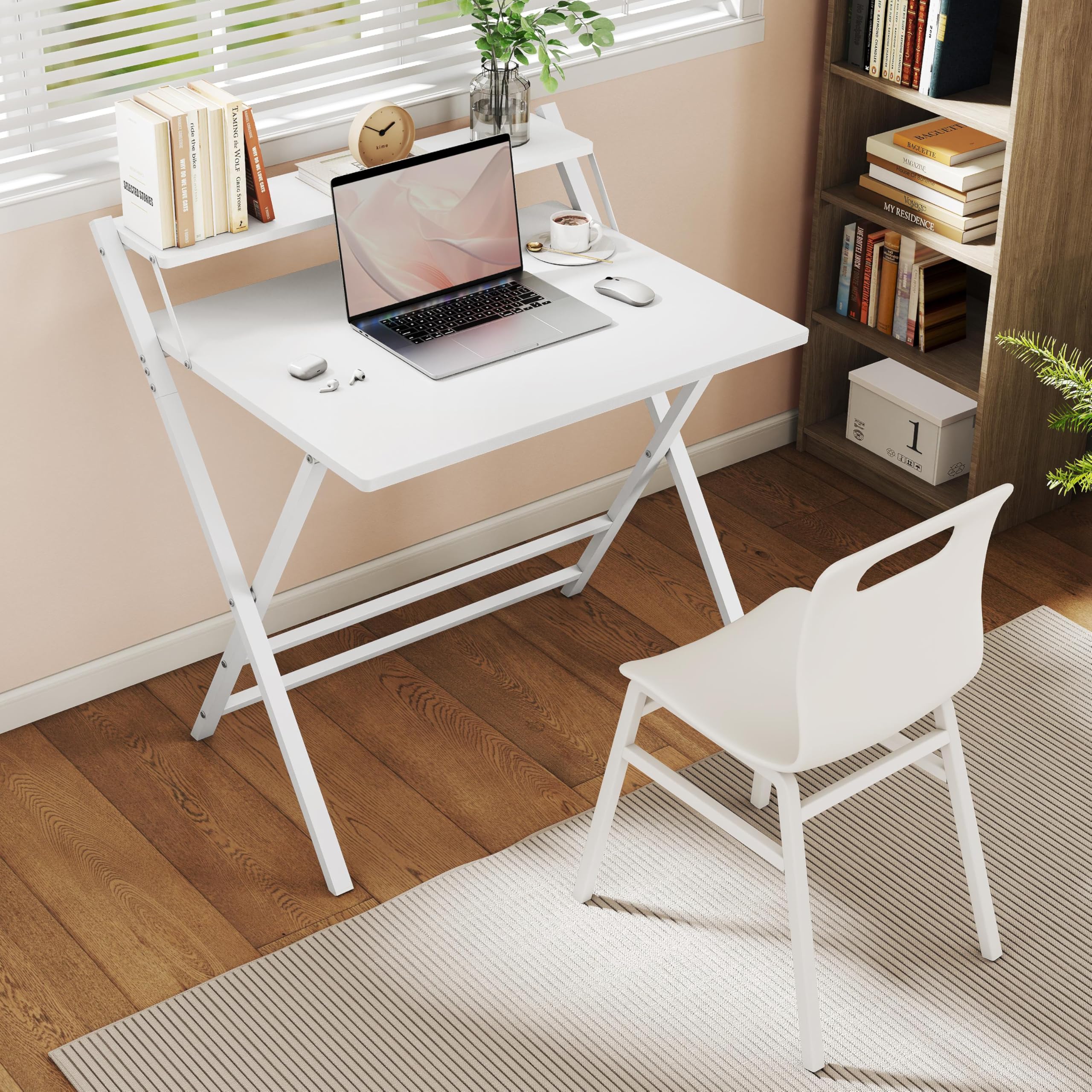 Yaheetech Biurko składane, 80 cm, stolik pod komputer z półką, 2-stopniowy stół roboczy ze stojakiem na monitor, stolik do laptopa do domowego biura/małych pomieszczeń/salonu, białe/80 cm dł. x 50 cm