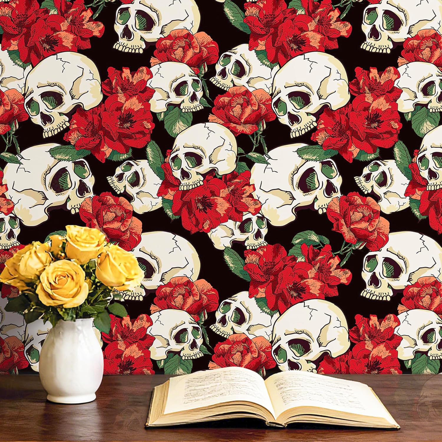 Decotalk 17.5x354 Inch Dark Floral Wallpaper Peel and Stick Gothic Skull Wallpaper Peel and Stick Dark Red Rose Flower Wall Paper Vintage Skulls Contact Paper for Cabinets Red Floral Contact Papers