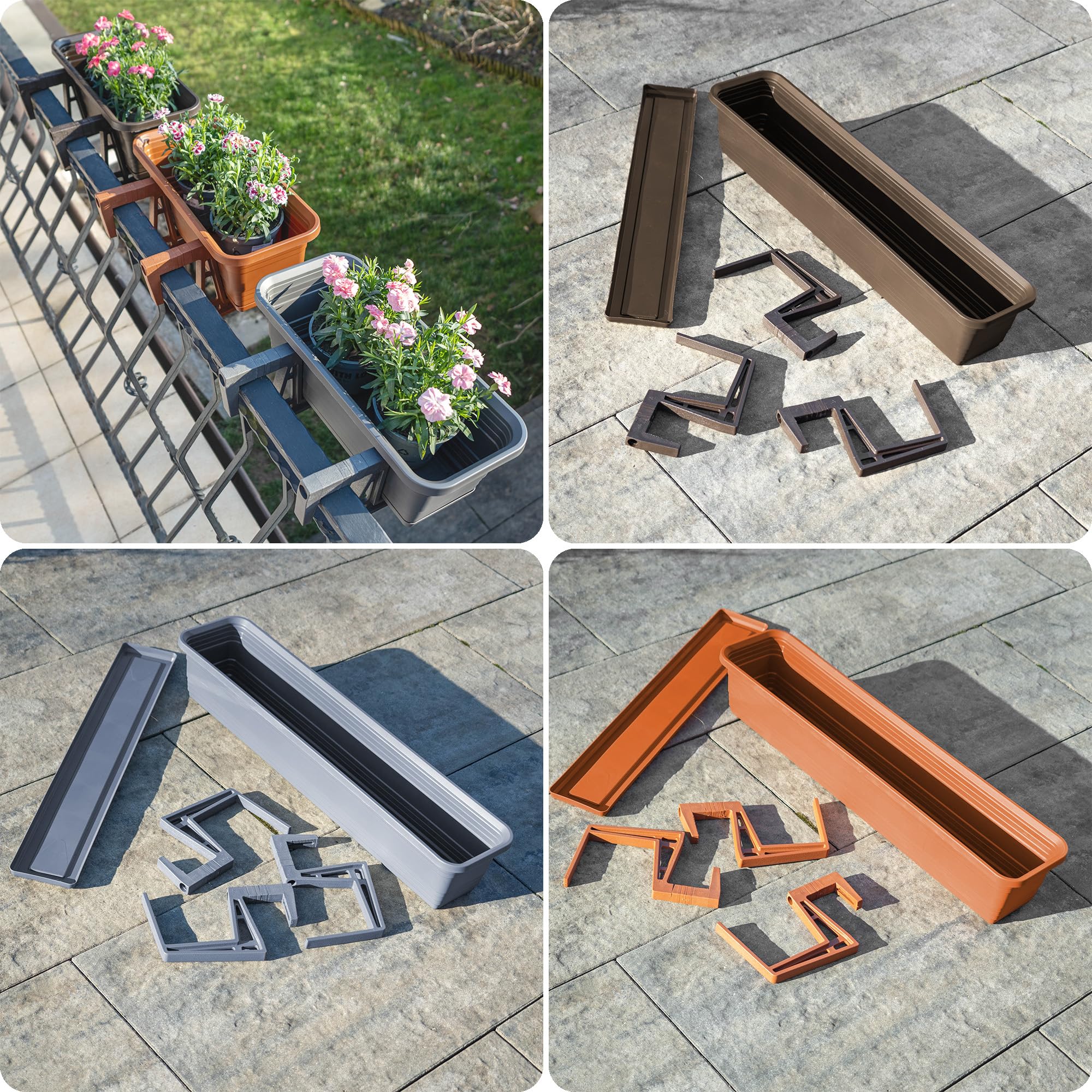KADAX Jardinera con platillo en juego, con o sin soportes para jardineras, maceta de plástico para balcón, jardinera, barandilla, maceta (antracita, 80 cm + soportes), K10028