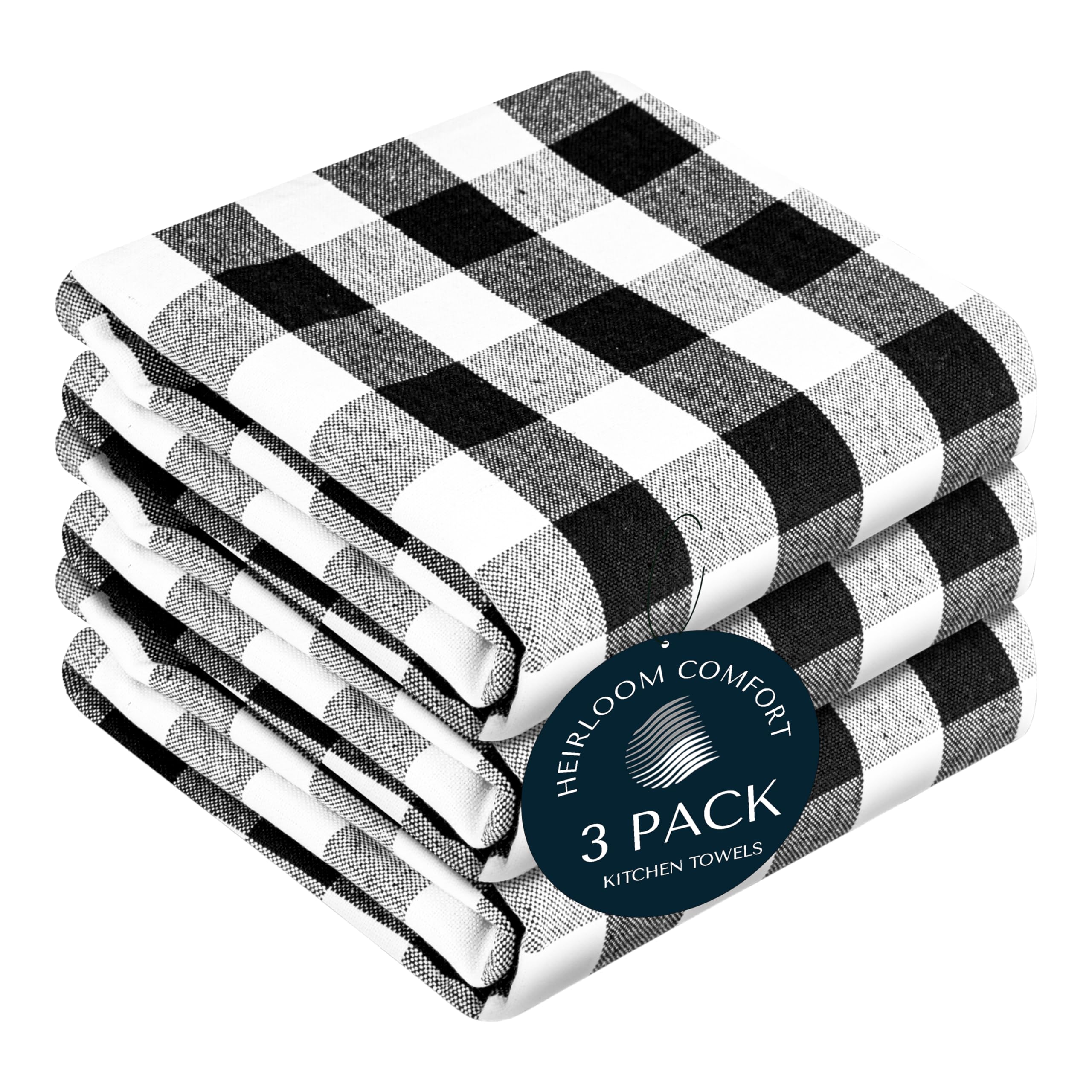 HEIRLOOM COMFORT Gingham Check Kitchen Towels 3 Pack, 45x66 cm, 100% Cotton, Super Absorbent & Quick Dry, Durable Dish Towel for Drying Dishes, Machine Washable, Everyday Use - Black, White