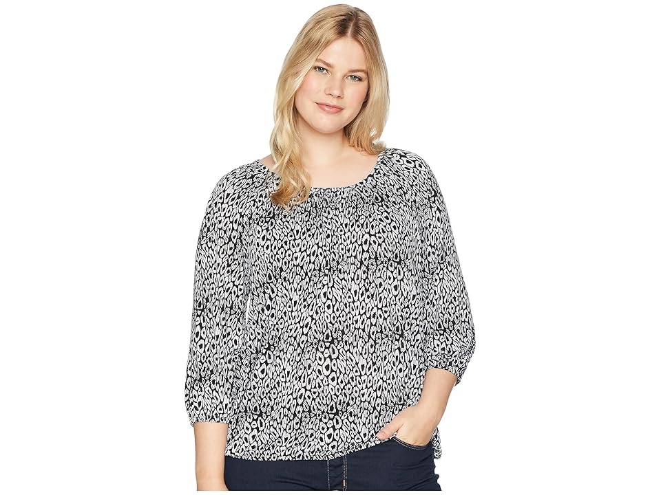 

MICHAEL Michael Kors Plus Size Wavy Leopard Stripe Peasant Top (Black/White) Women's Short Sleeve Knit