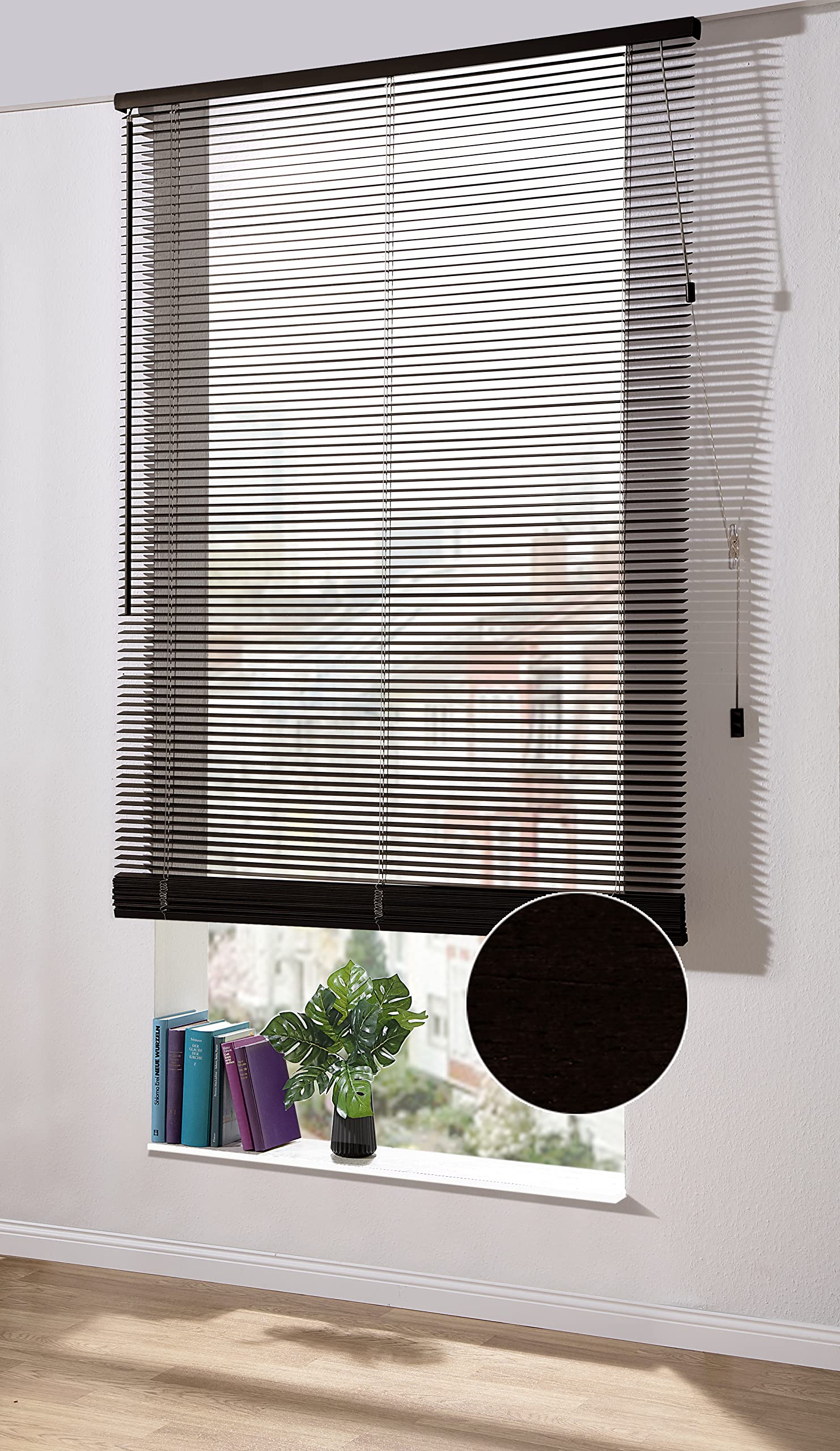 Deco Home | Holz Jalousie nach Maß, 25mm Jalousie ohne Bohren, Fenster-Sichtschutz abdunkelnd, Rollo | Schwarzes Holz