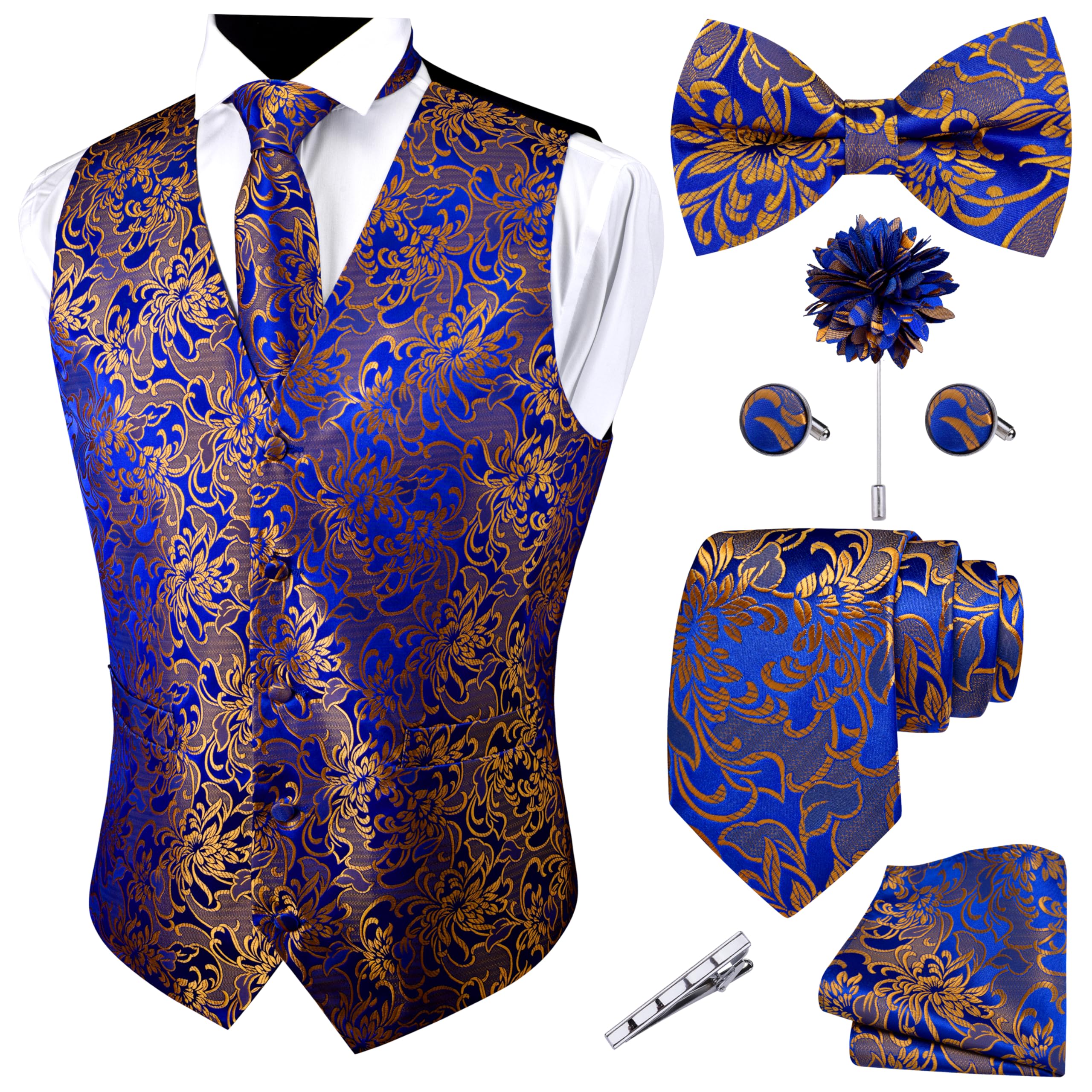 GUSLESON Formal Men Vest Paisley Floral Jacquard Tie Waistcoat Bow tie Hanky Lapel Pin Cufflinks Set Wedding 7PCS