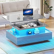 YITAHOME High Gloss Coffee Table with LED Strip, Lift Up Top Coffee Table with Storage for Living Room, Modern Rectangular Wooden Coffee Table with 2 Drawers