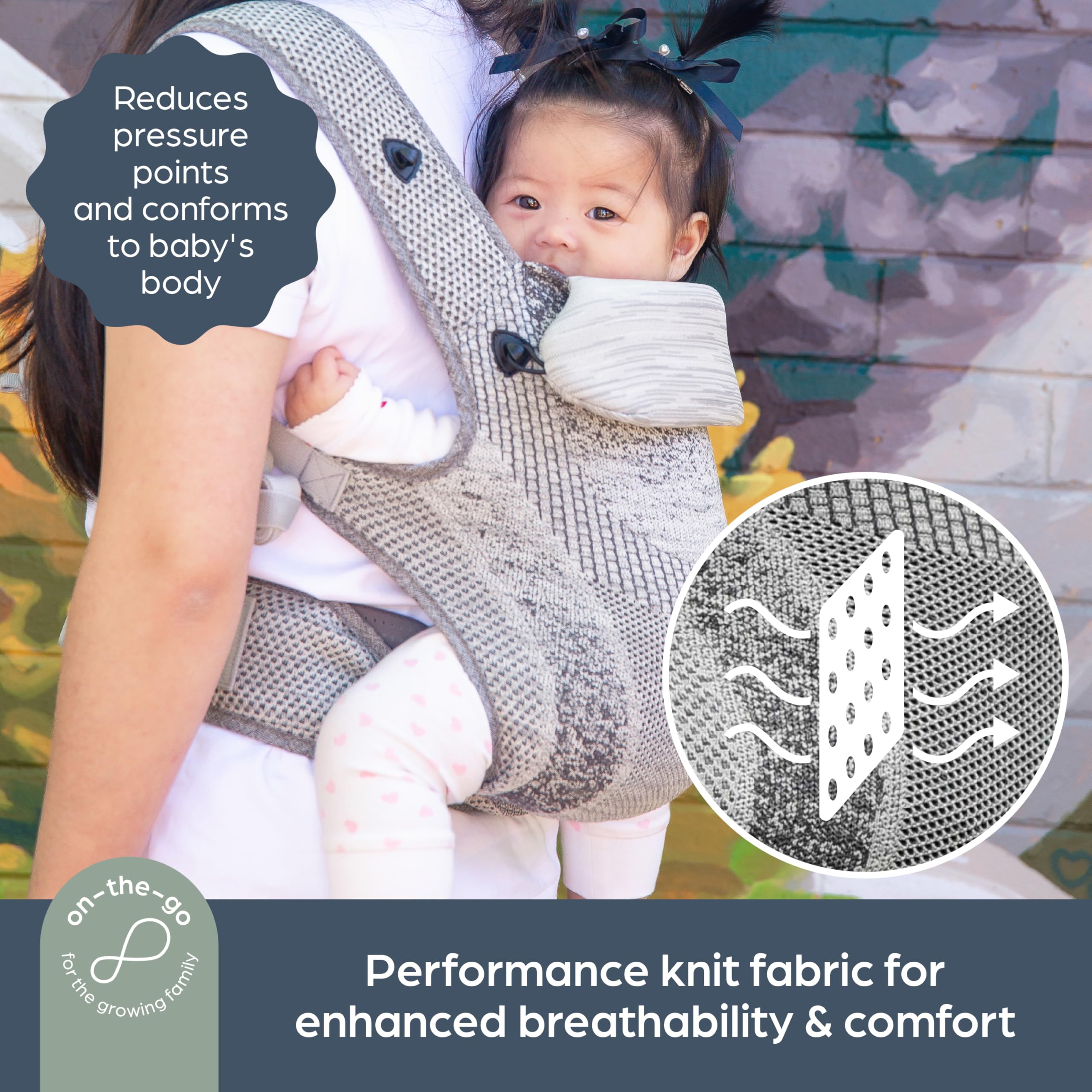 Dreambaby Inspire Porte-bébé à 3 positions, style avant et sac à dos, tissu tricoté respirant, soutien de tête confortable, sac de rangement intégré pour les parents en déplacement