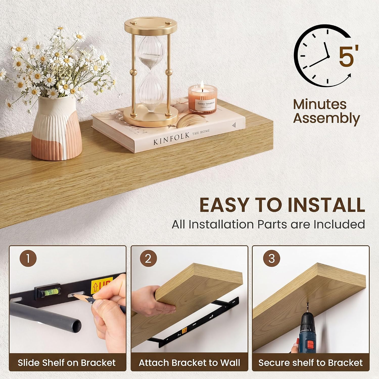 Axeman 16Inch Floating Shelves for Wall 2 Pack Shelves for Kitchen Bathroom Bedroom, Wooden Shelves with Invisible Brackets, Wall Mounted Rustic Wood Floating Shelf for Decor Books Storage, Oak