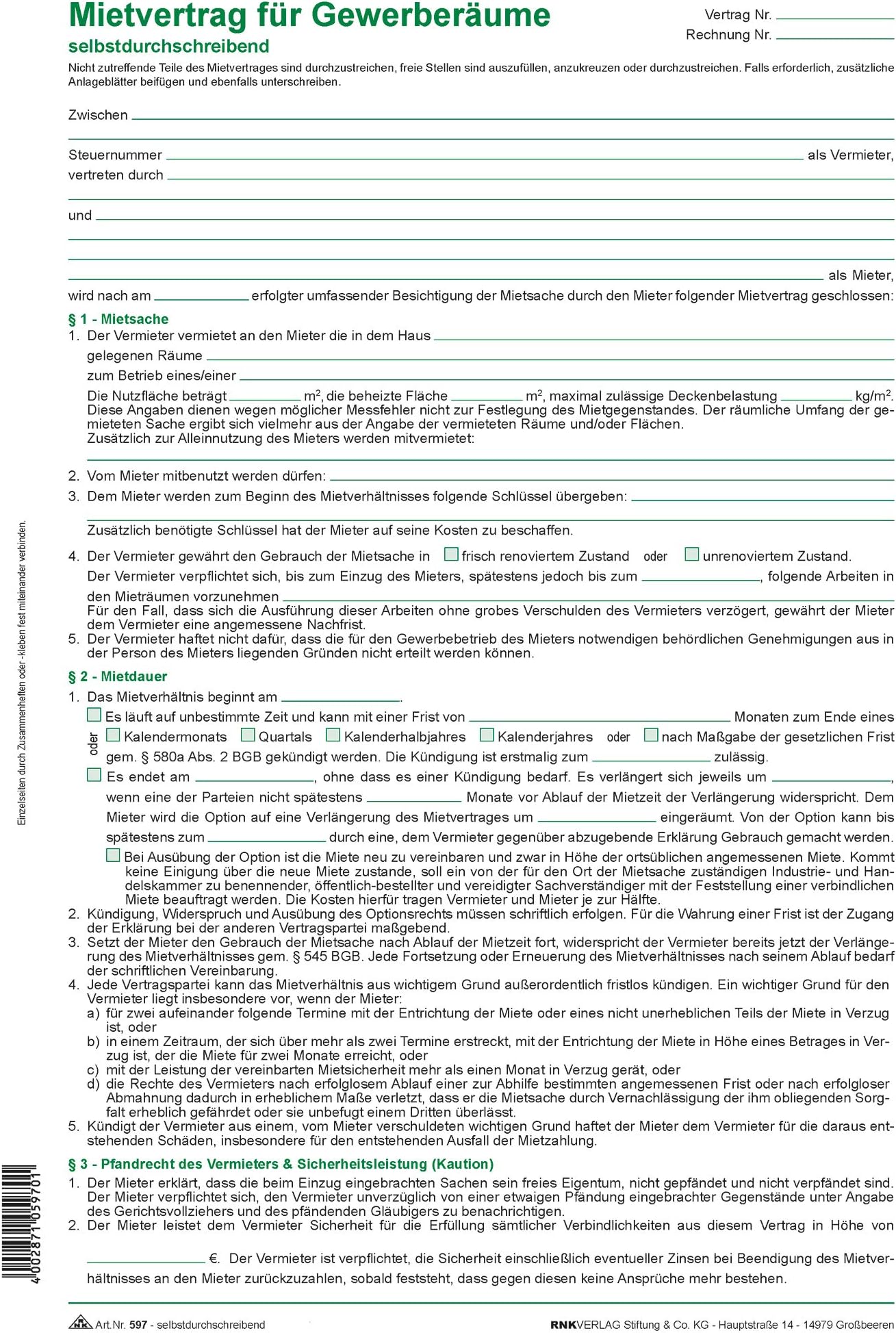 RNK 597/10 – Rental Agreement for Commercial Premises Carbonless Copying 3 x 2 Sheets DIN A4 10 Contracts