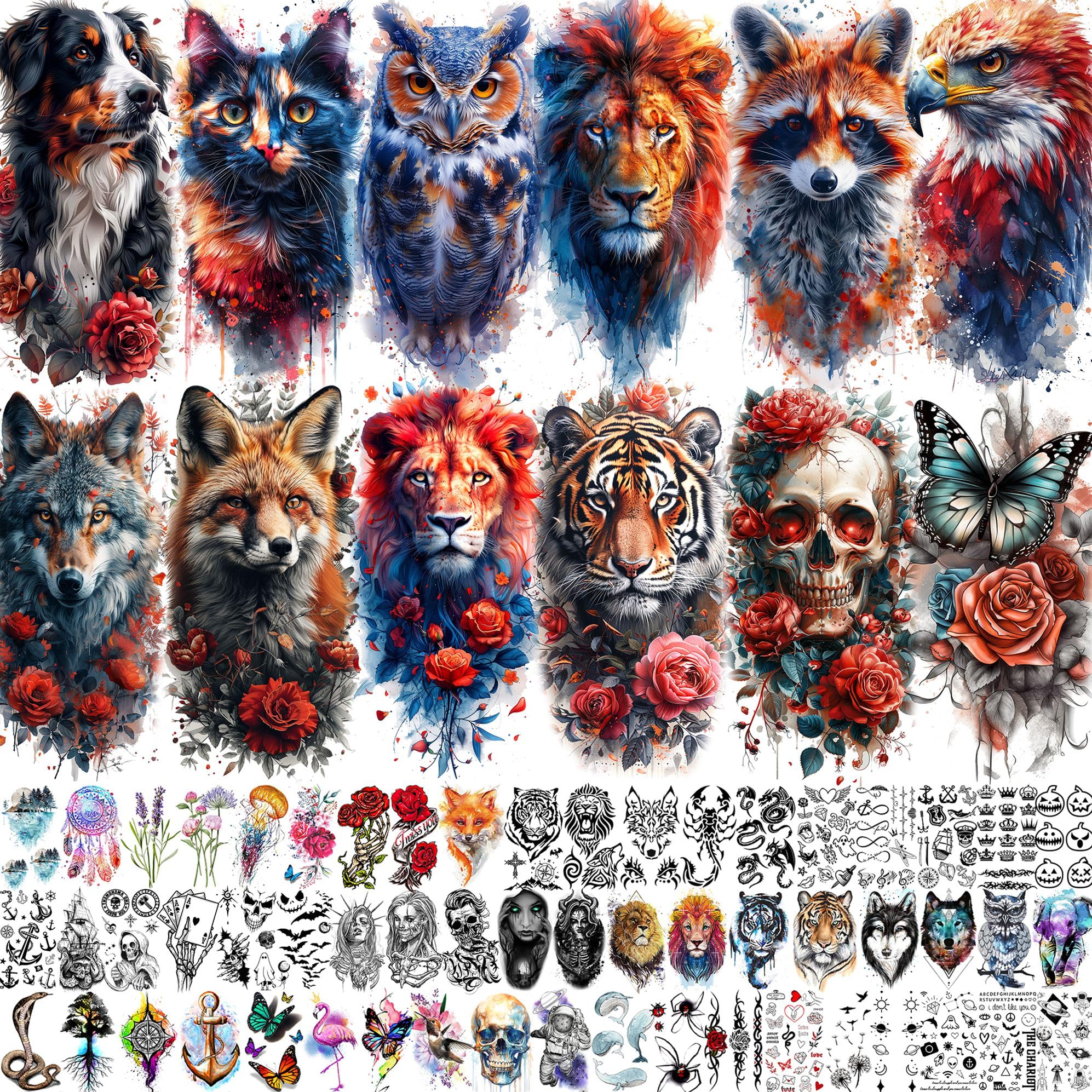 69 Sheets Watercolor Lion Raccoon Fox Temporary Tattoos For Women Adults, Eagle Cat Dog Owl Tiger Skull Wolf Half Arm Sleeve Tattoos Women Rose Flower