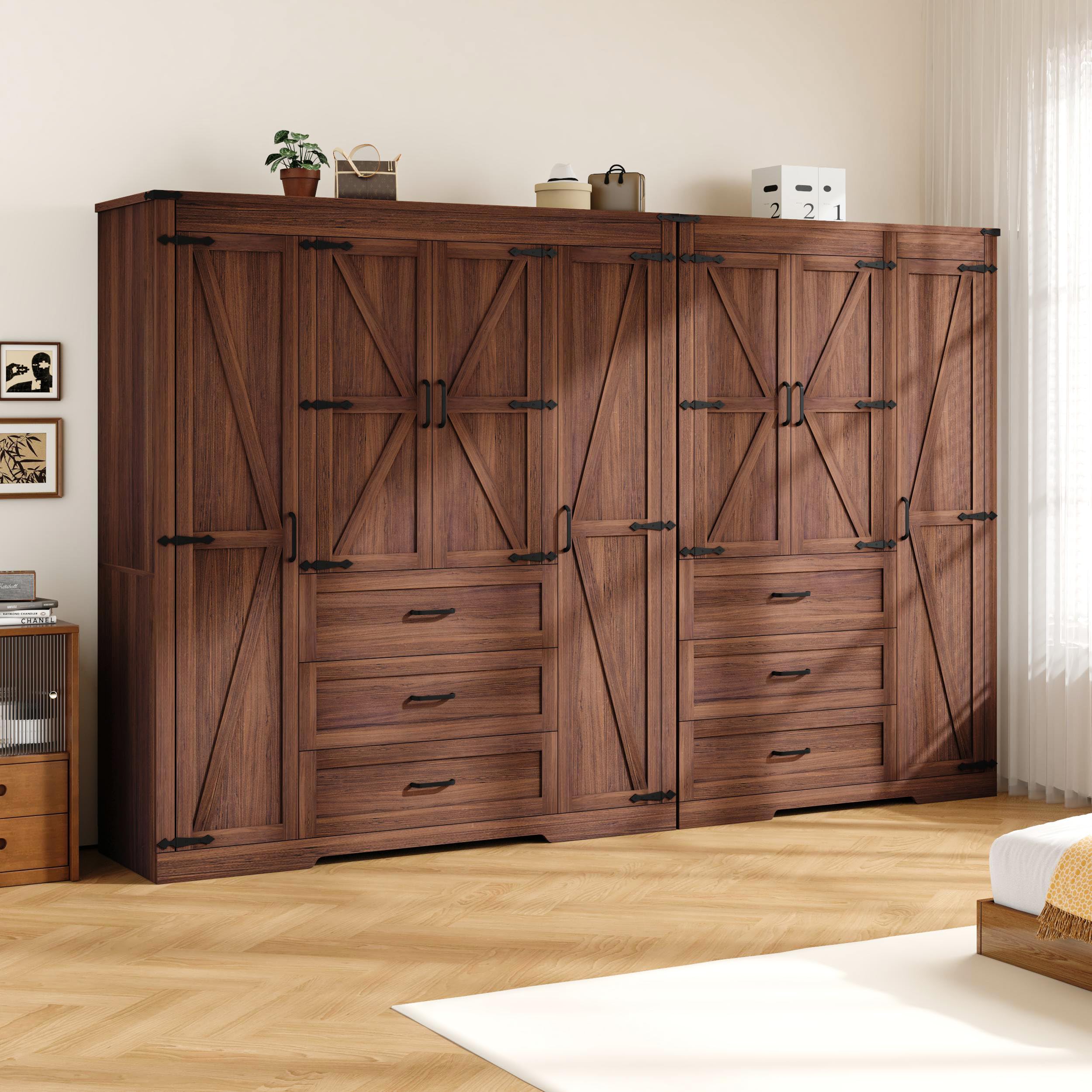 7 Door Armoire Wardrobe Closet Cabinet with 5 Drawers and Drawers, Farmhouse Bedroom Armoire with Hanging Rod and Adjustable Shelves, Large Capacity Storage Wardrobe Armoire for Bedroom, Brown