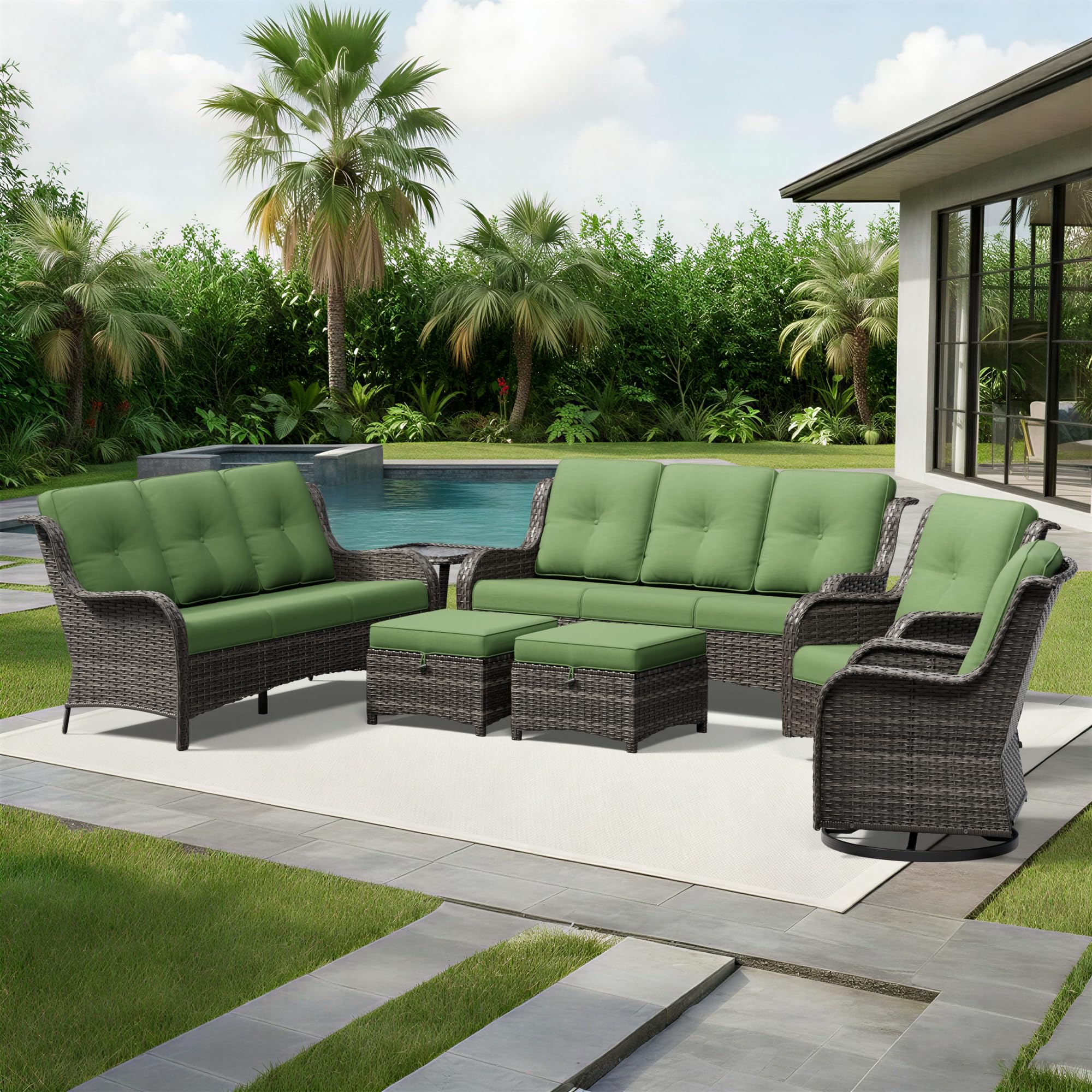 Joyside 7 Piece Wicker Patio Furniture Set, Outdoor Swivel Rocker Patio Chairs with High Back, Deep Seating, Wide Armrest, Thickened Cushions, Outdoor Furniture for Deck, Porch Use