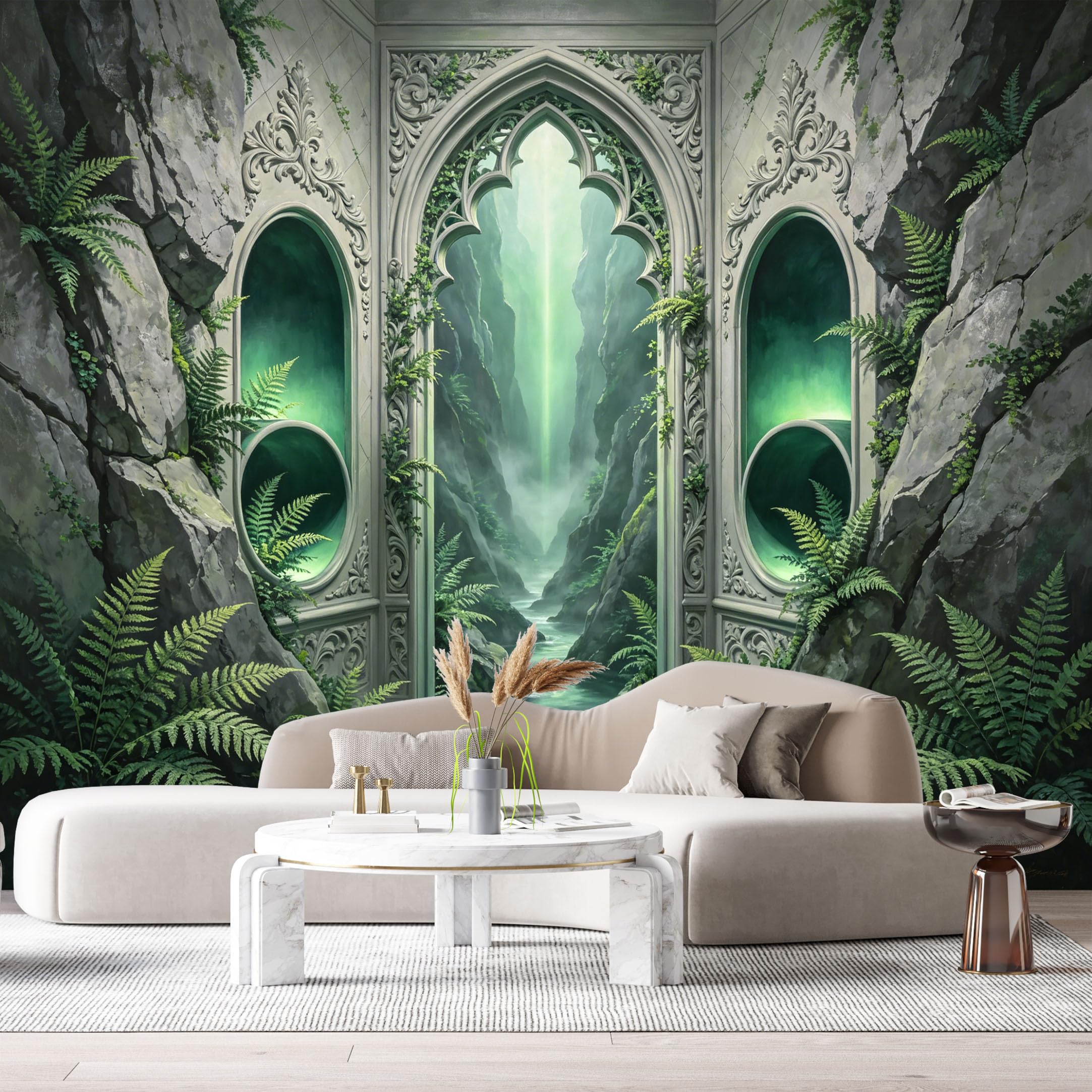 Custom Size Wall Murals Gothic Archway Green Waterfall Mist Ferns 3D Trompe L'Oeil SelfAdhesiveWall Fabric Removable Wallpaper Wall Decor for Living Room Bedroom Bathroom