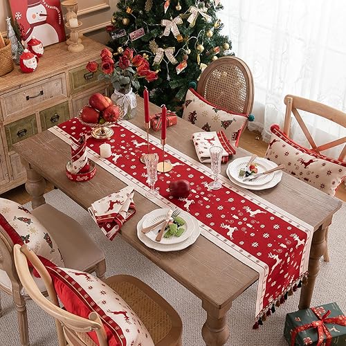Miniatura 7 de HOMMES Camino de mesa de Navidad de doble cara de 72 pulgadas de largo, camino de mesa bordado rojo con borlas a mano para decoración navideña de