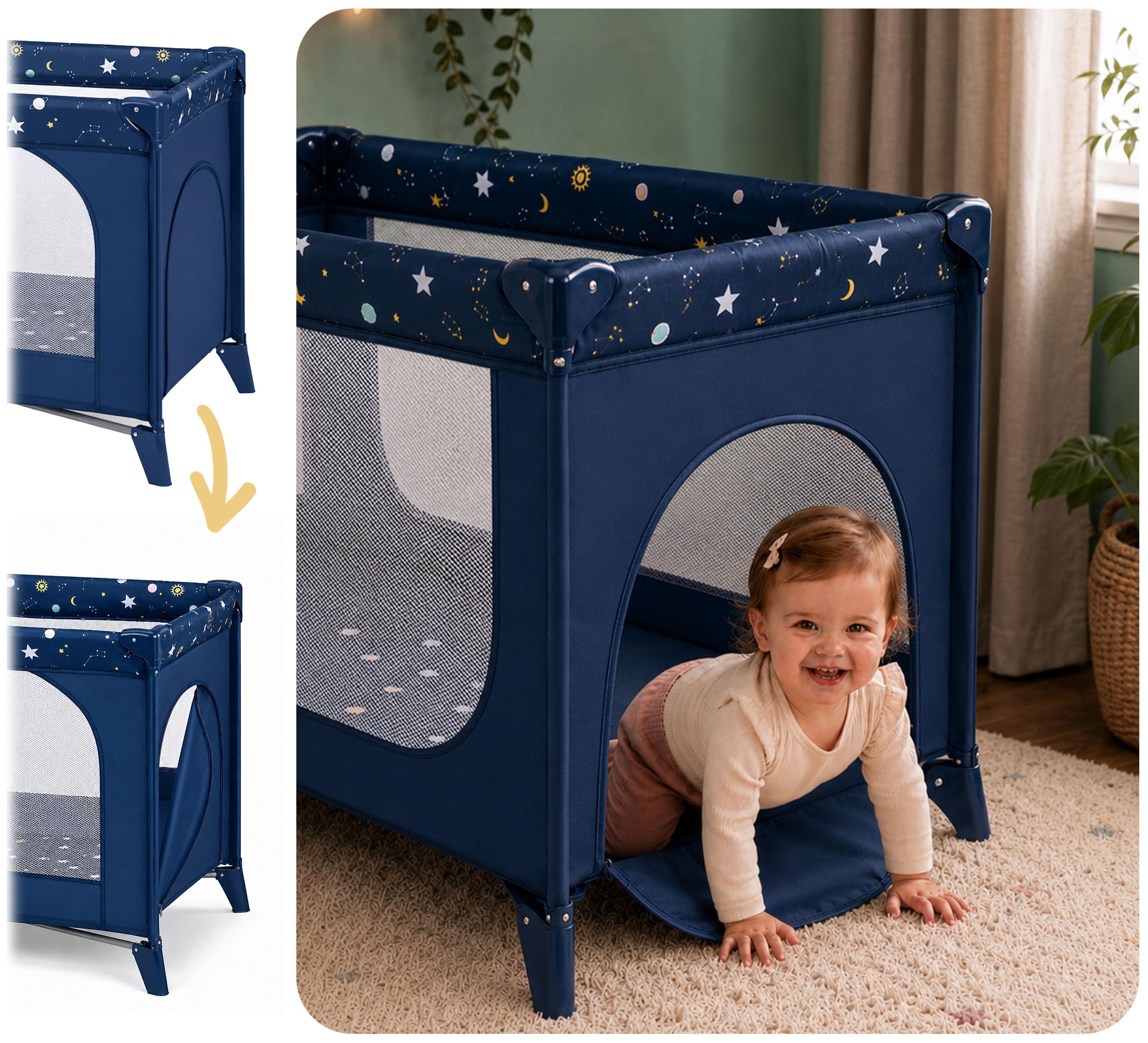 Ricokids Lit de Voyage Pliable pour bébé avec Matelas - Sac de Transport - 125 x 65 x 78 cm - Bleu foncé avec étoiles