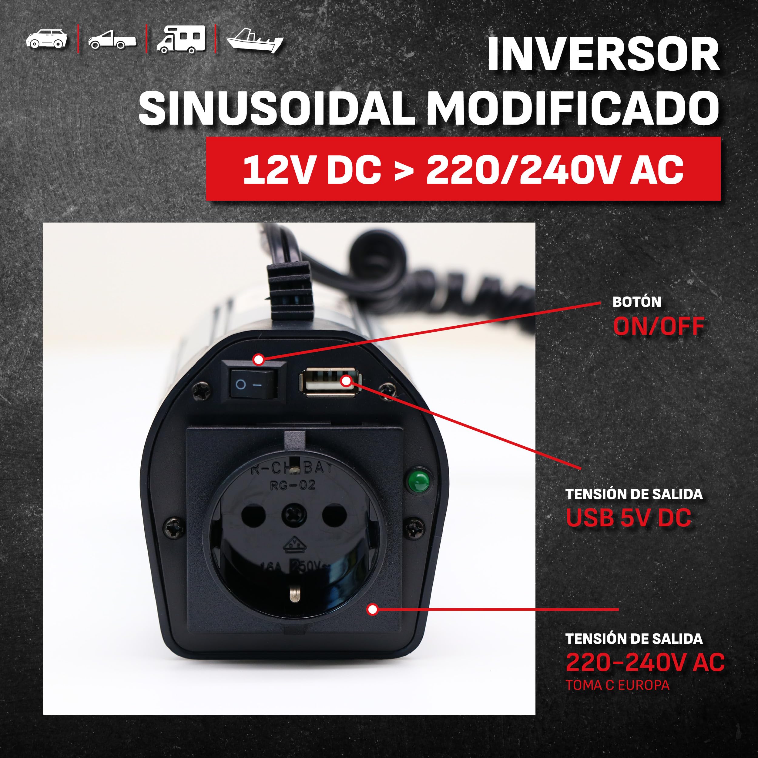 Schumacher Electric INV150 - Inversor 12V a 220V 300W - Convertidor Compacto con USB y Mechero - para Móvil, Tablet, Portátil