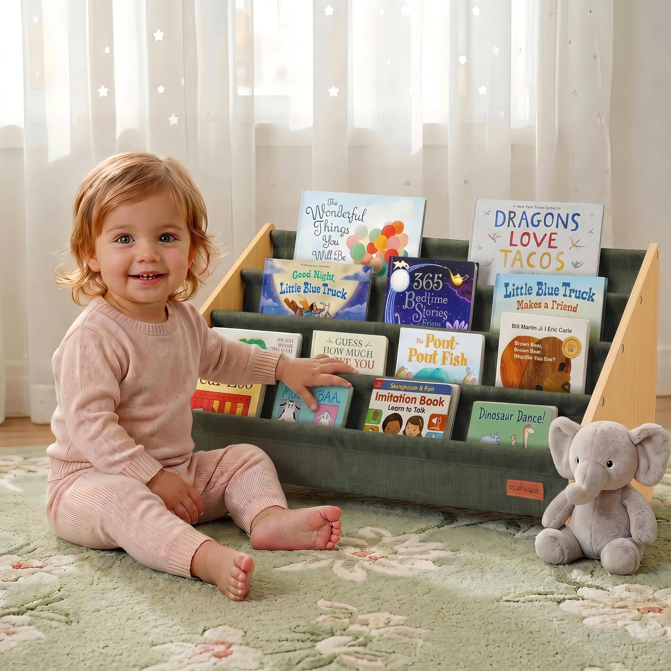 PERFNIQUE Montessori Kids Bookshelf, Wooden Front-Facing Baby Bookcase Organizer for Toddlers, 4-Tier Sling Decorative Book Rack with Deep Pockets for Kid Rooms, Nursery, Playroom & Reading Corner