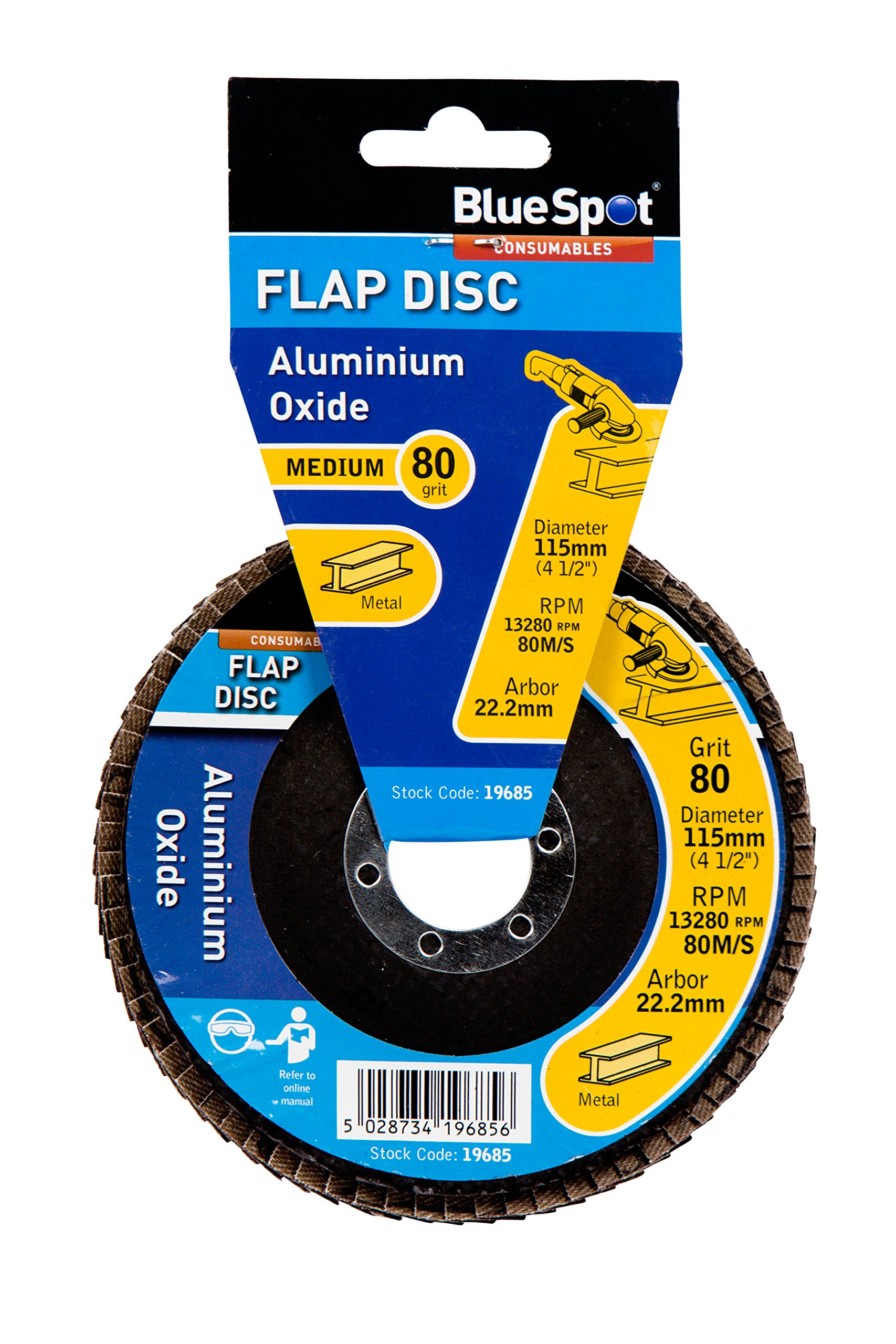 Bluespot 115Mm (4.5") 80 Grit Aluminium Oxide Flap Disc (Header Card) - Sanding - 80 Grit Flap Sanding 115Mm Aluminium Oxide 45 Angle Grinder Disc 5028734196856