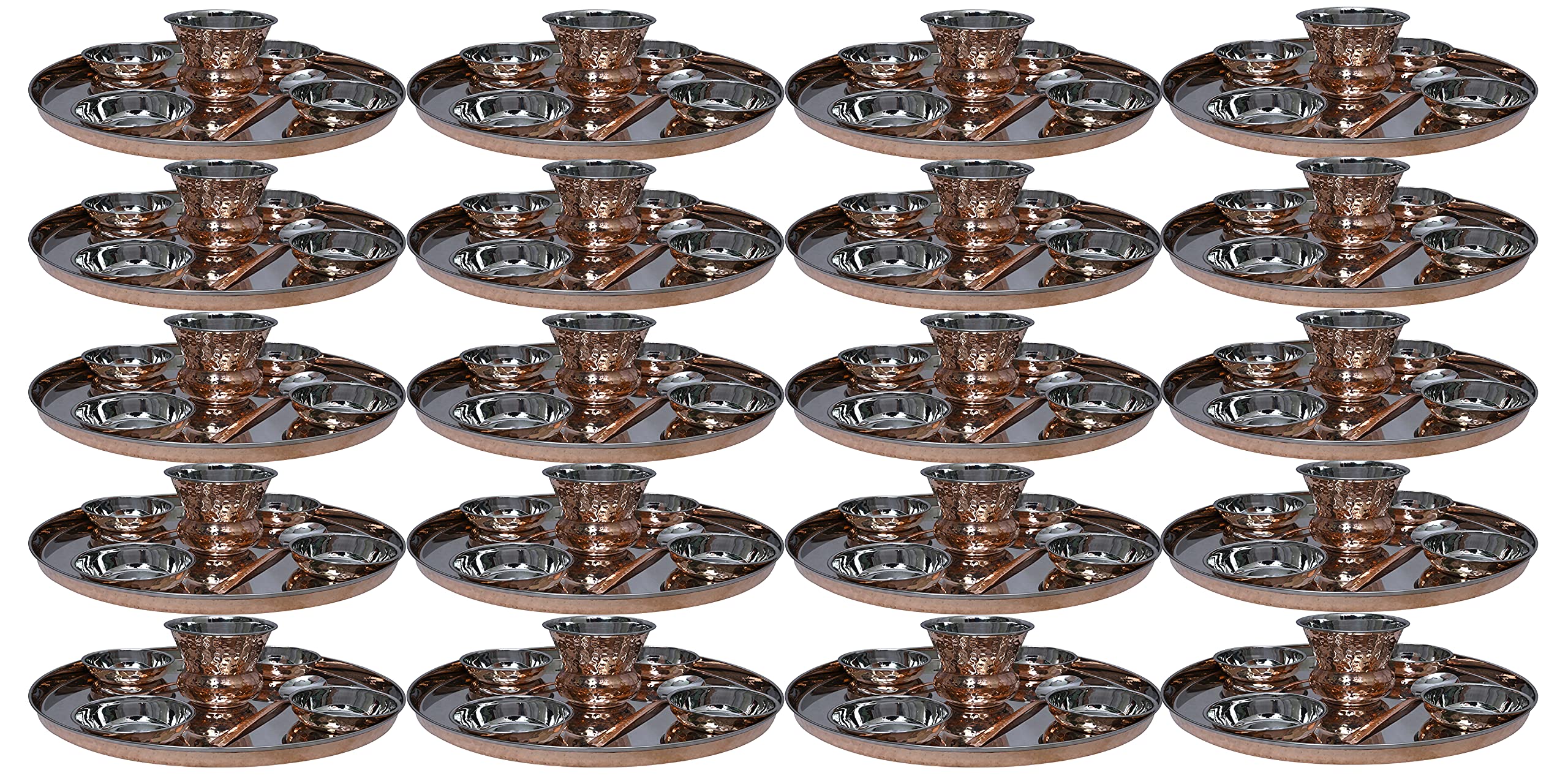 Pack of 20 Set Stainless Steel Copper Traditional Dinnerware Set Of Thali Plate, Bowls, Glass And Spoon, Diameter 12-Inch