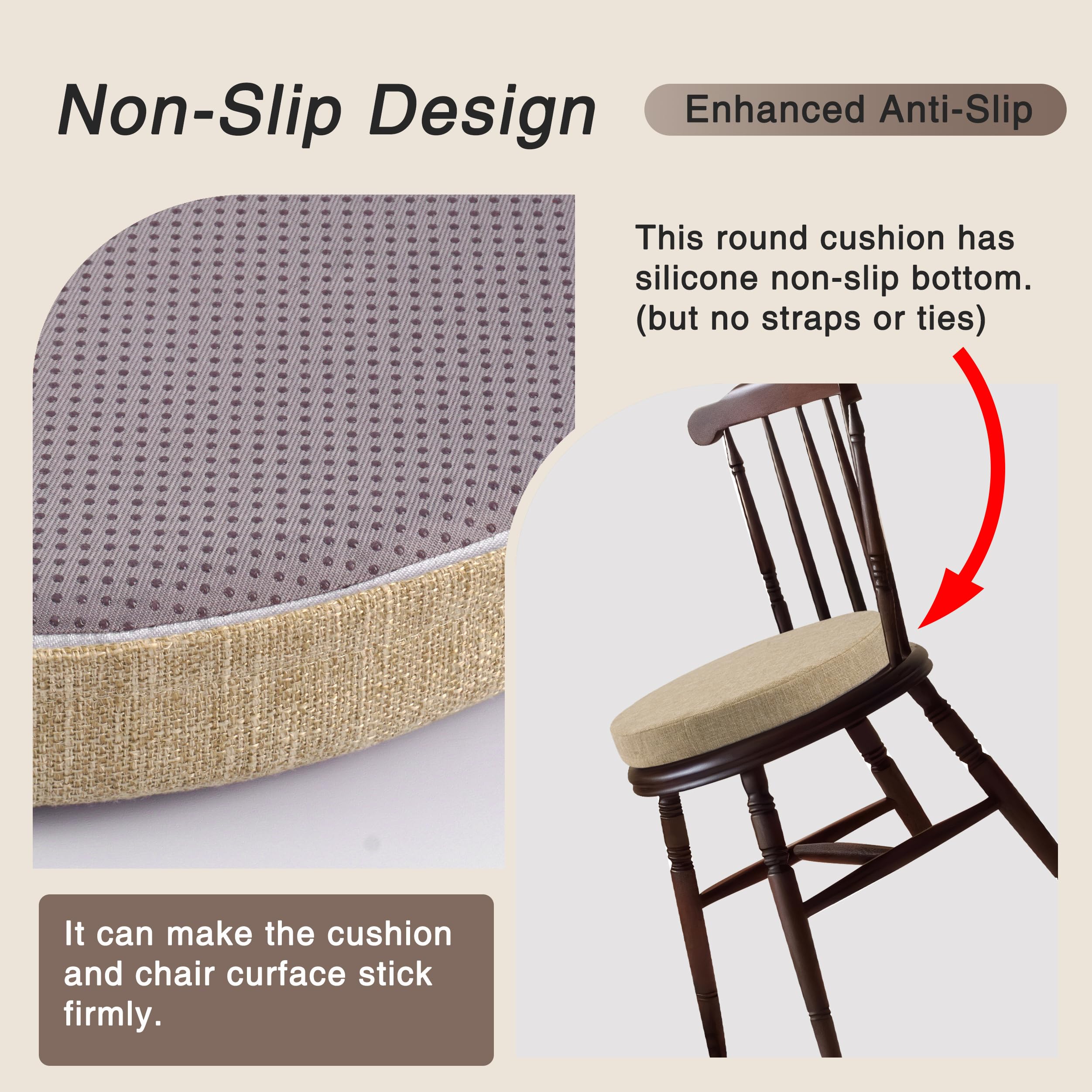 OVOV Round Chair Cushions for Dining Chairs 2 Pack Extra Thick Seat Cushion Circle Chair Pads with Removable Cover and Non Slip Bottom Beige (16x16 Inch) - Image 3