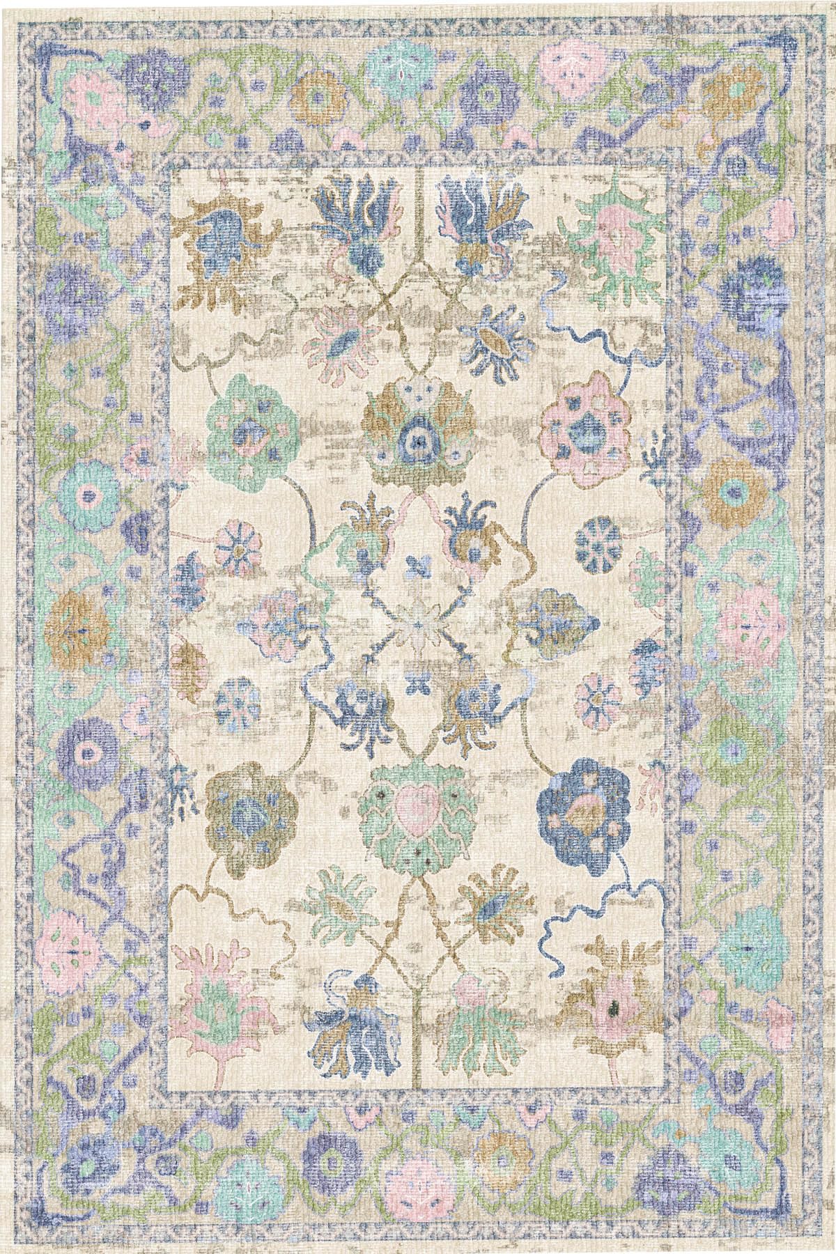 Simay Vintage Desenli Şönil Pamuk Tabanlı Yıkanabilir Kaymaz Antibakteriyel Salon Halısı 100x200