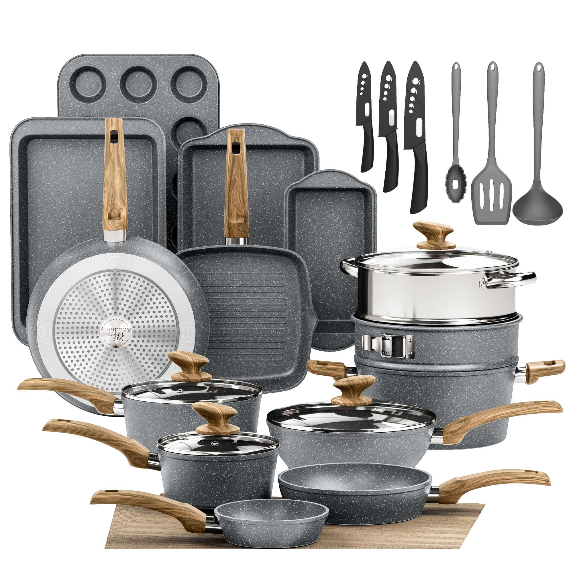 DishDelight Induction Pots and Pans Set Non Stick, 30 Piece Nonstick Kitchen Cookware Sets, Gray Cooking Pan Set, PFOA & PFOS Free Bgrey 30 PCS Cookware Set