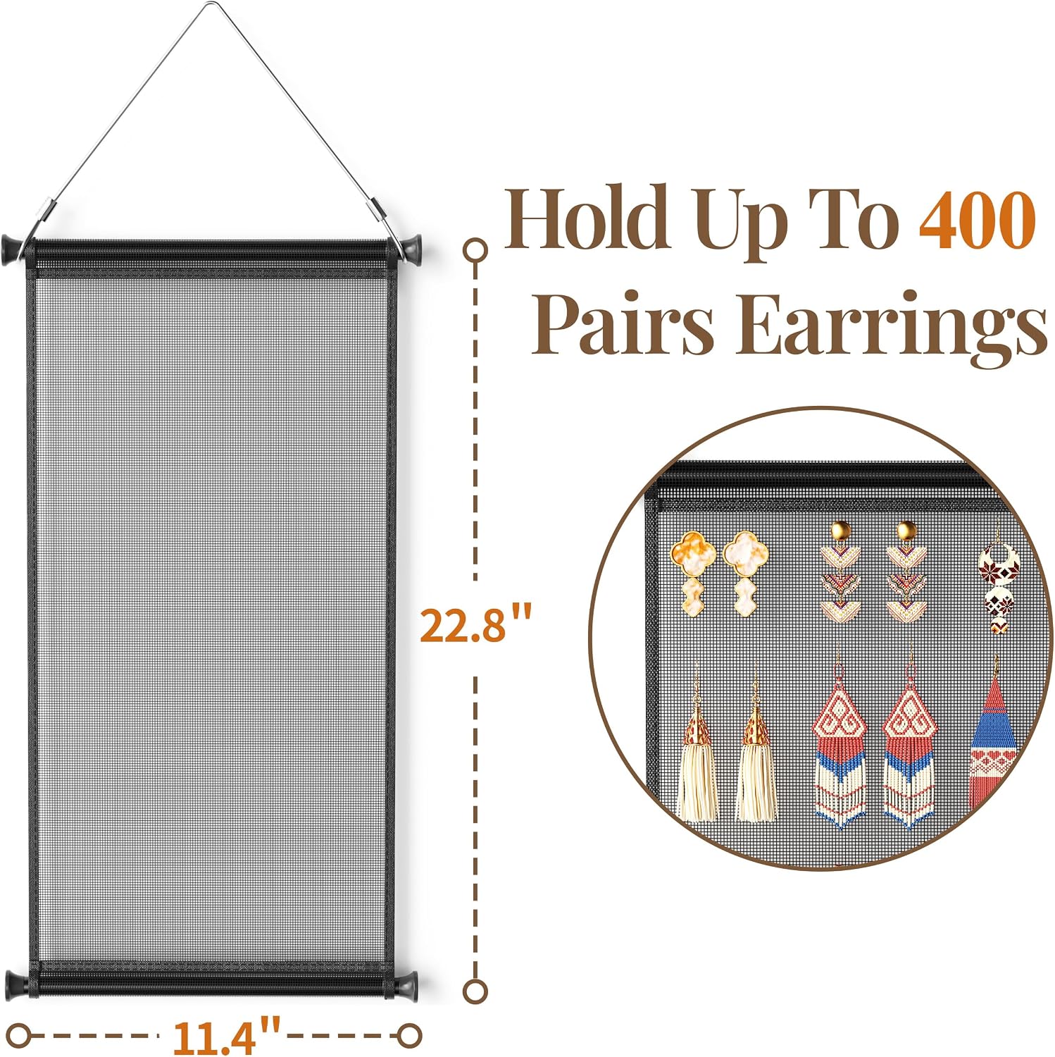 Mesh Earring and Necklace Holder Wall Hanging with Wooden Rods and Hooks, Jewelry Display