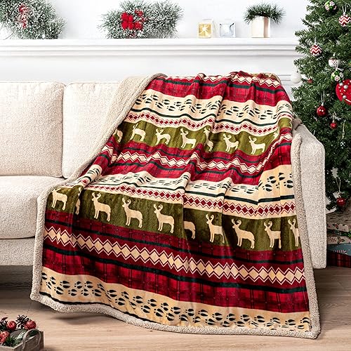 PAVILIA Premium Christmas Sherpa Throw Blanket, Green Red Cabin Design with Reindeer Print, Ultra Soft Reversible Fleece & Sherpa 50x60 Cozy Winter Blanket, Cozy Christmas & Holiday Decor