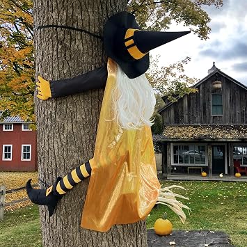 Giiffu Outdoor Halloween Decorations 53" Witch Crashing into Tree Decor | Halloween Witch Tree Hugger Hitting a Tree, Flying Witch Halloween Decor on Broom Outside Door Pillar Fence Prop