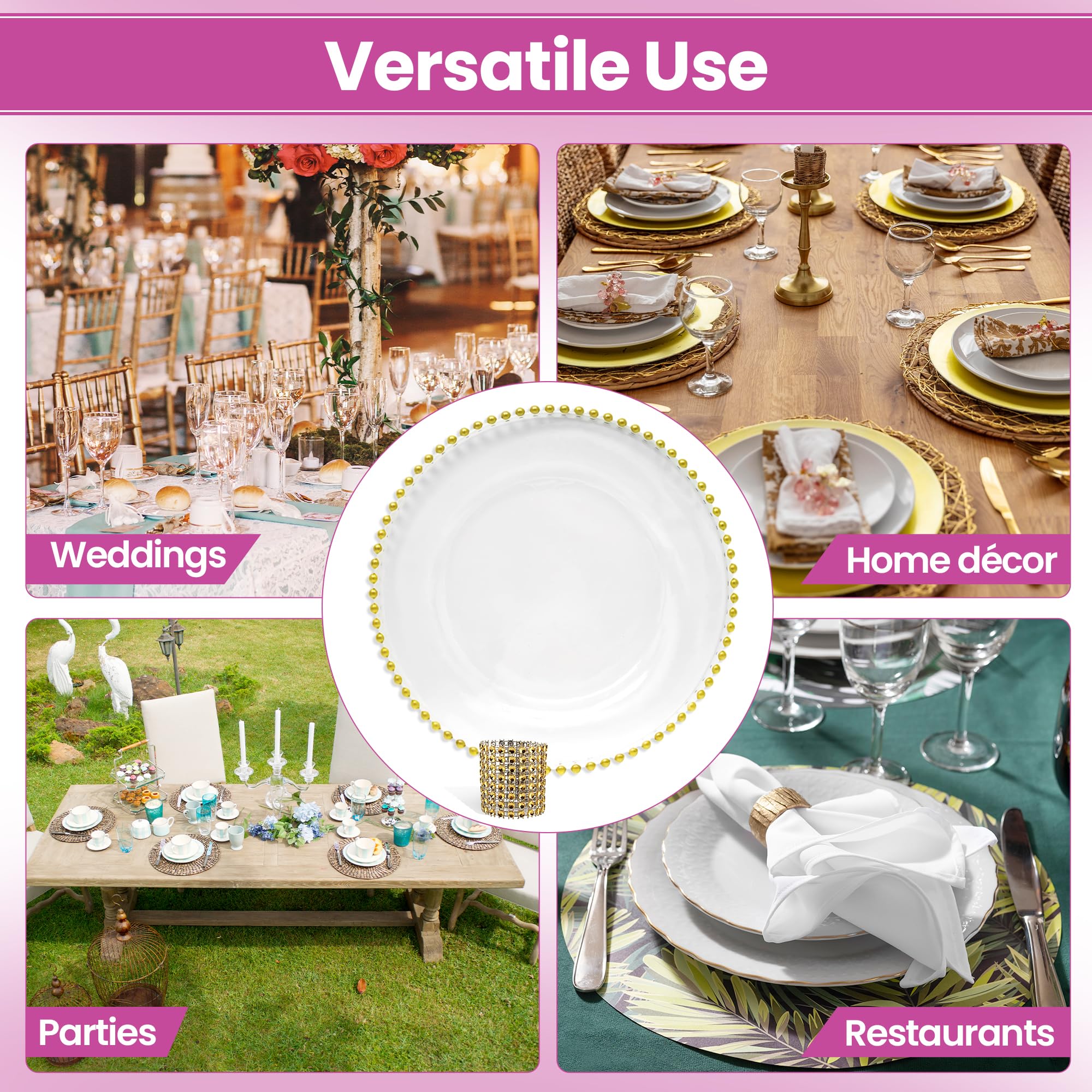 WedDecor Lot de 10 assiettes de chargement et ronds de serviette en verre transparent avec perles dorées et ronds de serviette en strass pour fête, dîner, décoration de table, événements, doré