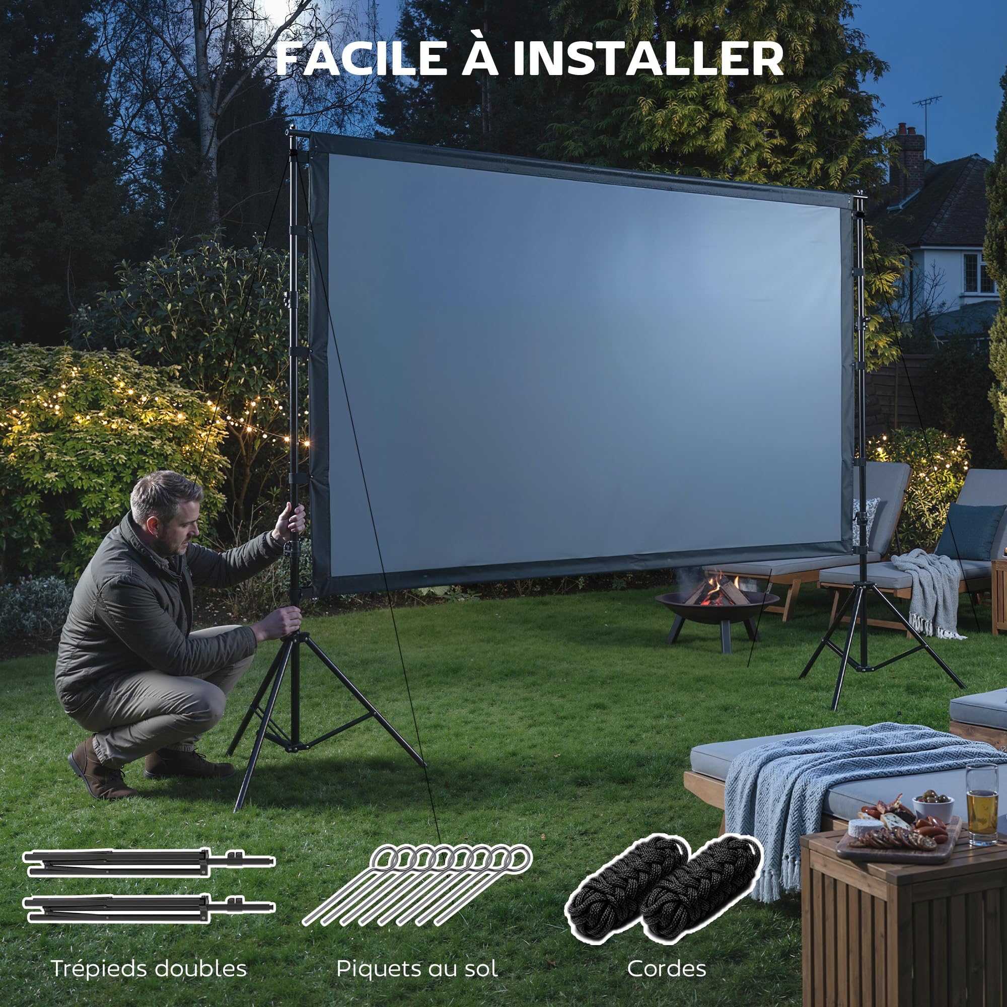 HOMCOM Écran de Projection avec Trépieds 100" 16:9 HD 4K/8K, 268Lcm, Écran Videoprojecteur sur Pied Portable, Double Face, 2 Trépieds Pliables, Angle de Vision 160°, pour Cinéma Maison, Bureau, Voyage