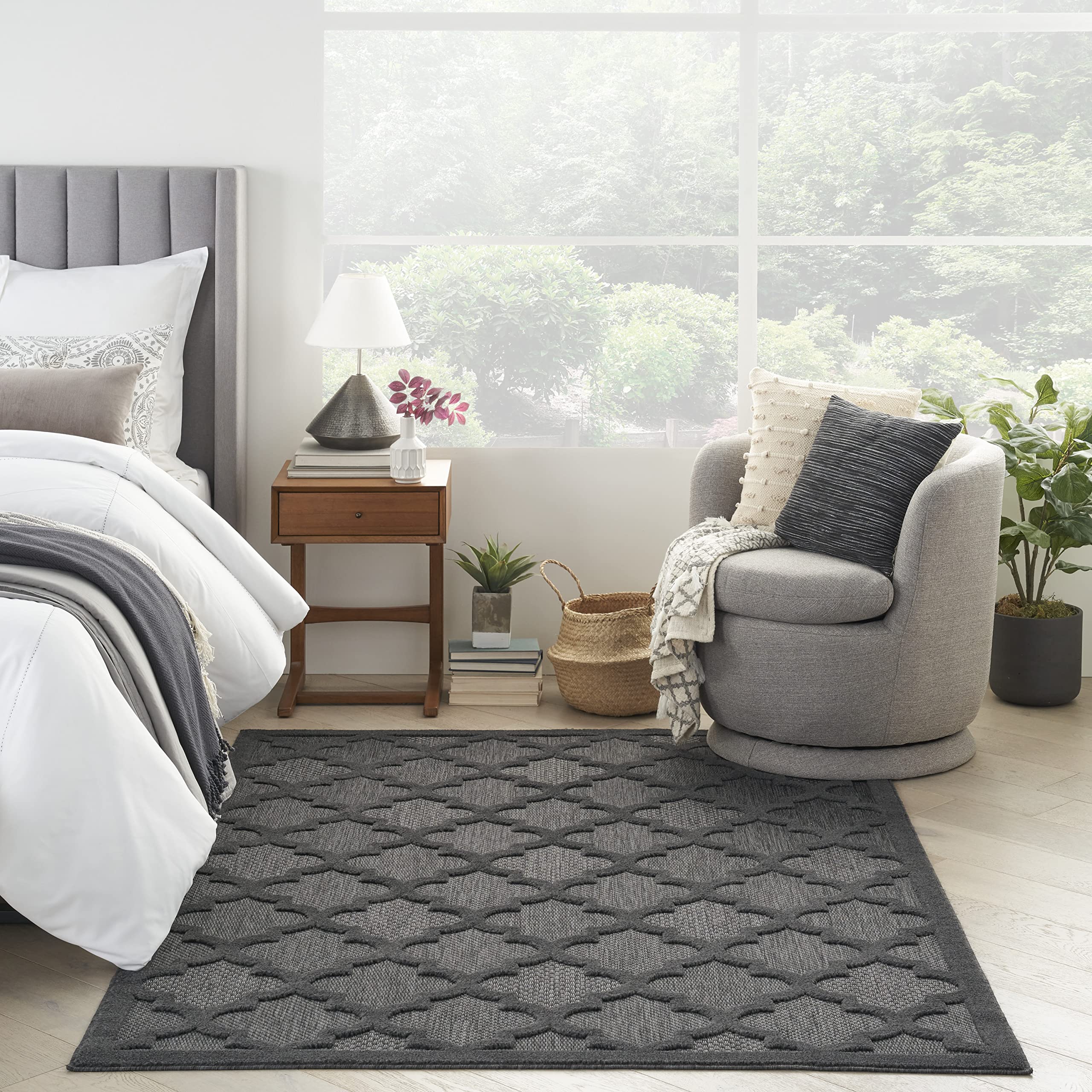 Nourison Easy Care Moroccan Charcoal/Black 4' x 6' Area Rug, Trellis, Easy Cleaning, Non Shedding, Bed Room, Living Room, Dining Room, Backyard, Deck, Patio (4x6)