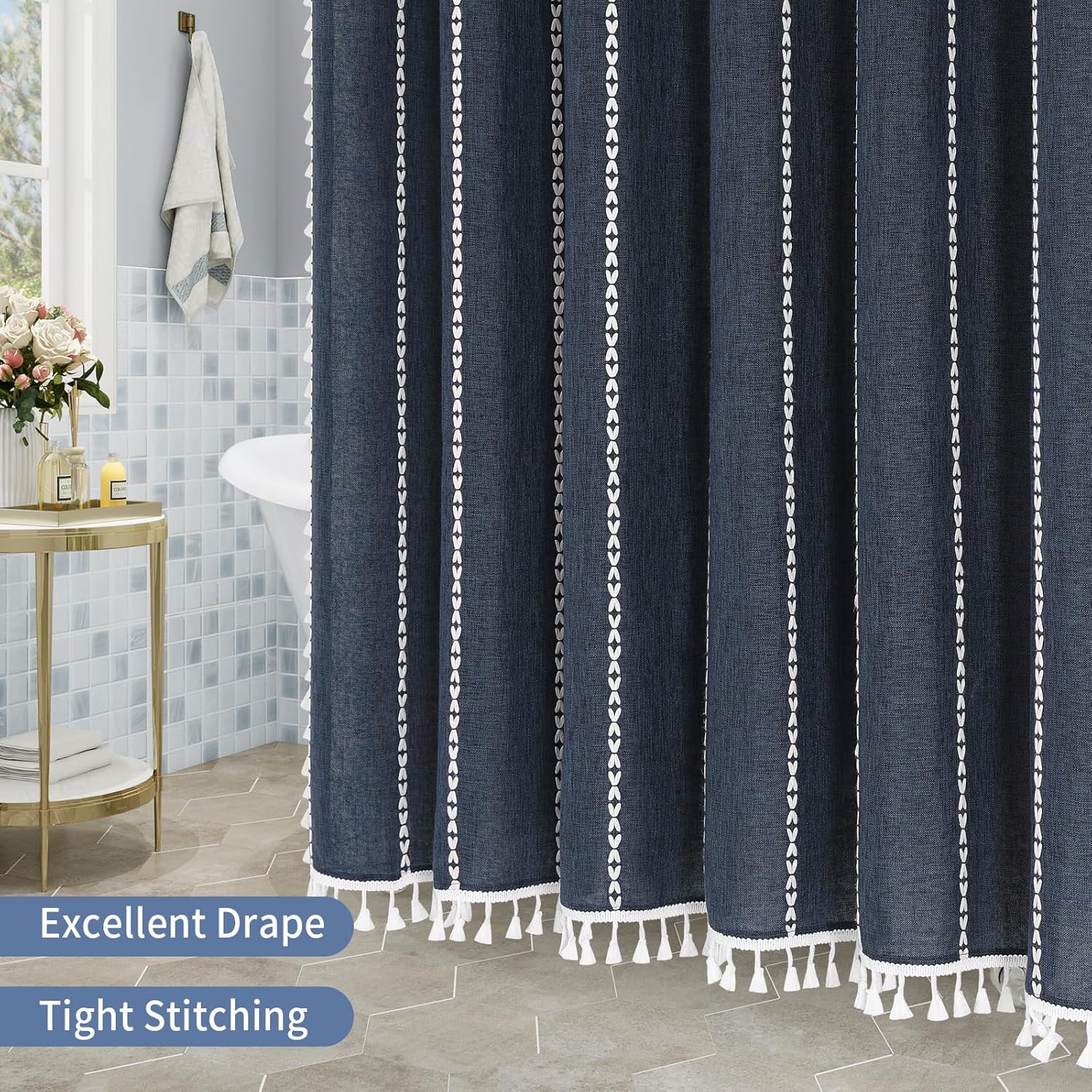 MitoVilla Boho Farmhouse Shower Curtains for Modern Farmhouse Bathroom Decor, Navy Country Thick Polyester Linen Fabric Shower Curtain, Rustic Tassel Cloth Shower Curtain, 72 x 72, Navy