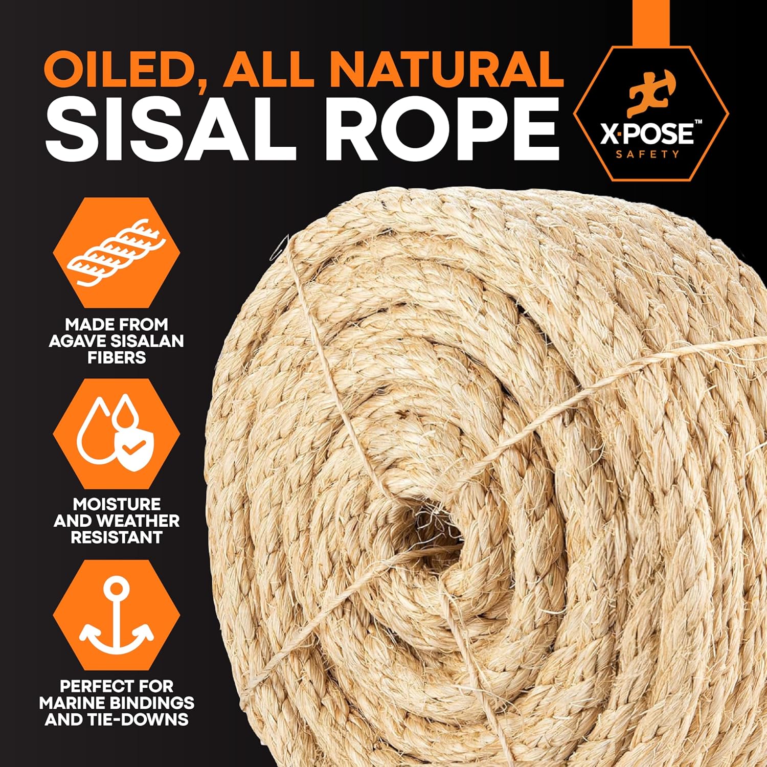 Xpose Safety 1/4" x 100ft Twisted Sisal Rope – Natural Fiber, Heavy Duty, Chemical-Free – Cat Scratching Post Repair, Crafts, Gardening & DIY