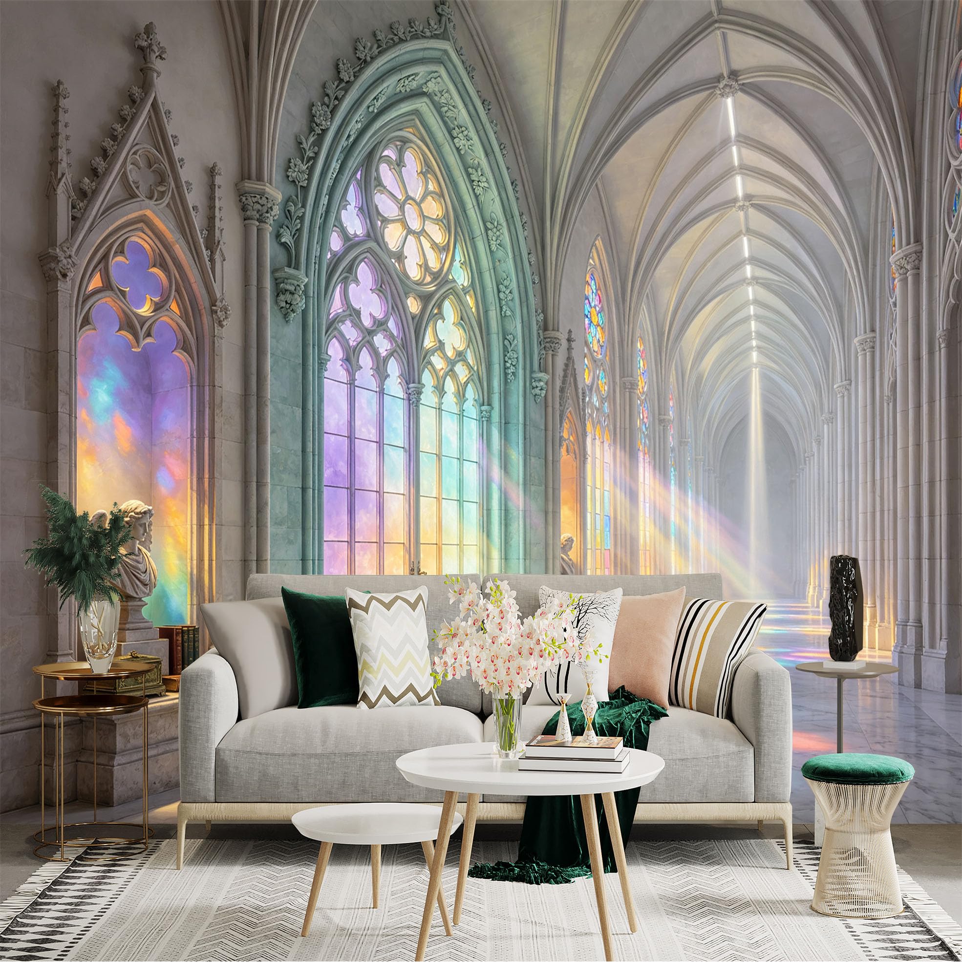 Custom Size Wall Sticker Mural， Gothic Cathedral Hallway with Stained Glass and Rainbow Light， for wall Decoration， peelandstick wall Decals.