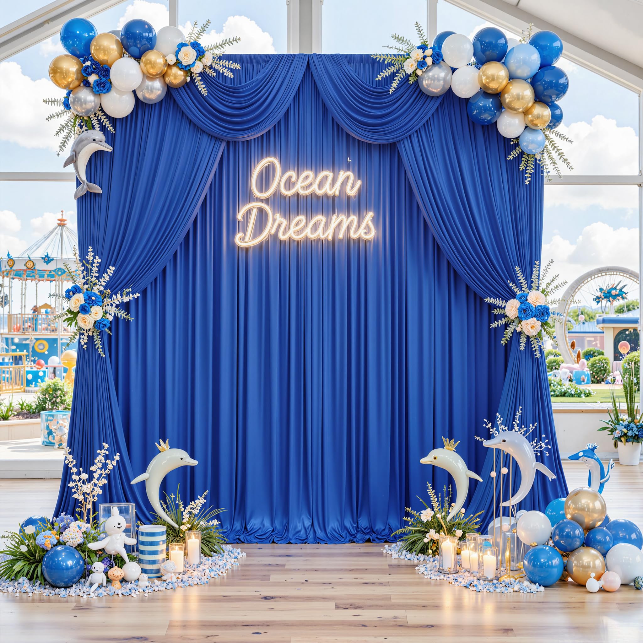 Photo 1 of 10ft x 8ft Wrinkle Free Royal Blue Backdrop Curtains for Parties, Polyester Photography Backdrop Drapes Back Drop Cloth for Baby Shower Photoshoot Engagement Wedding Birthday Photography Background