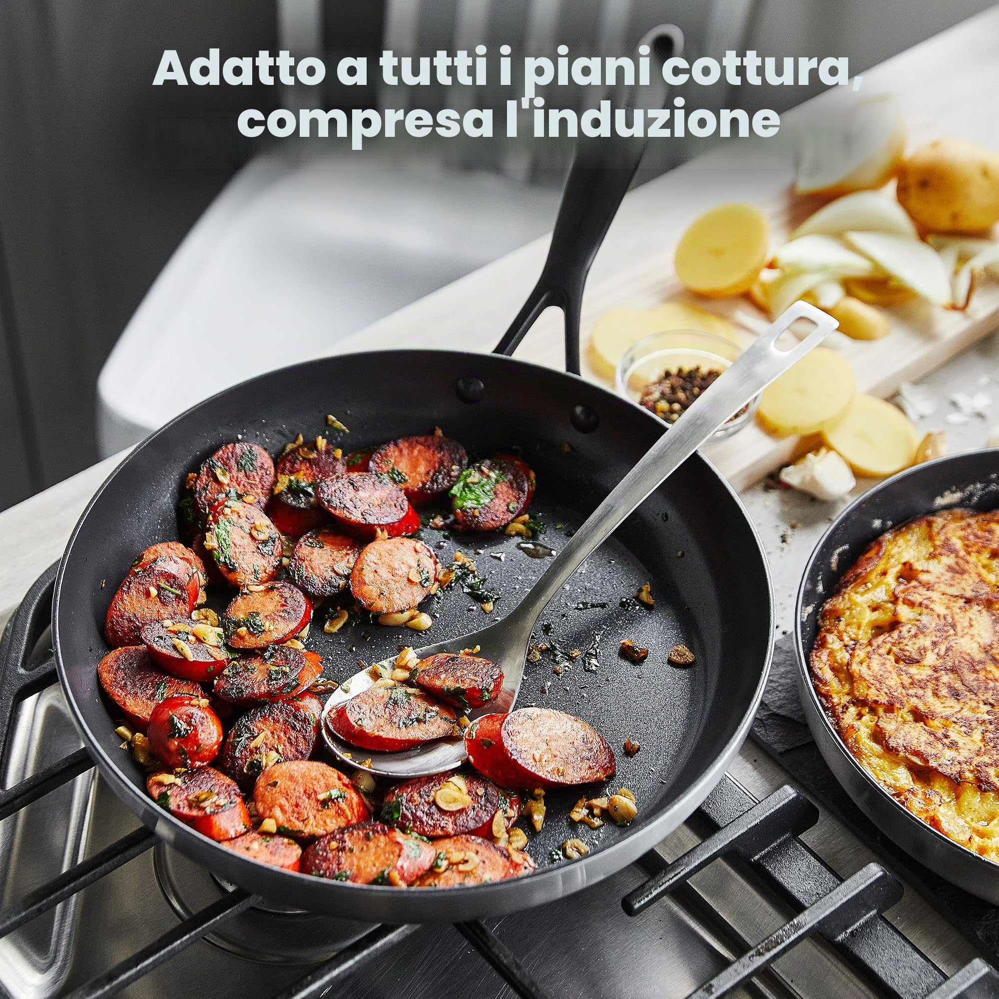 GreenPan Venice Pro Noir Tri-Ply Acciaio Inox Ceramica Sana Antiaderente Set di padelle da 20cm e 26cm, Manico Nero Opaco, Senza PFAS, Induzione, Lavabile in Lavastoviglie, Forno, Argento