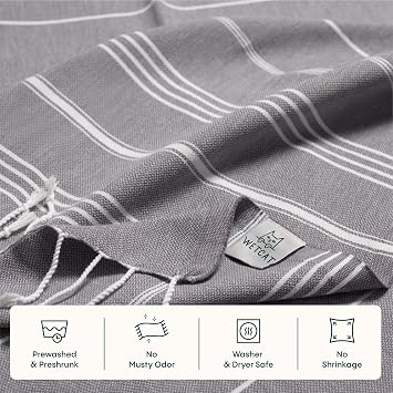 WETCAT Turkish Beach Towel Oversized (38x71) 100% Turkish Cotton, Made in Turkey - Sand Free, Extra Large, Ultra Soft, Quick Drying, Compact & Lightweight for Travel - Dark Gray