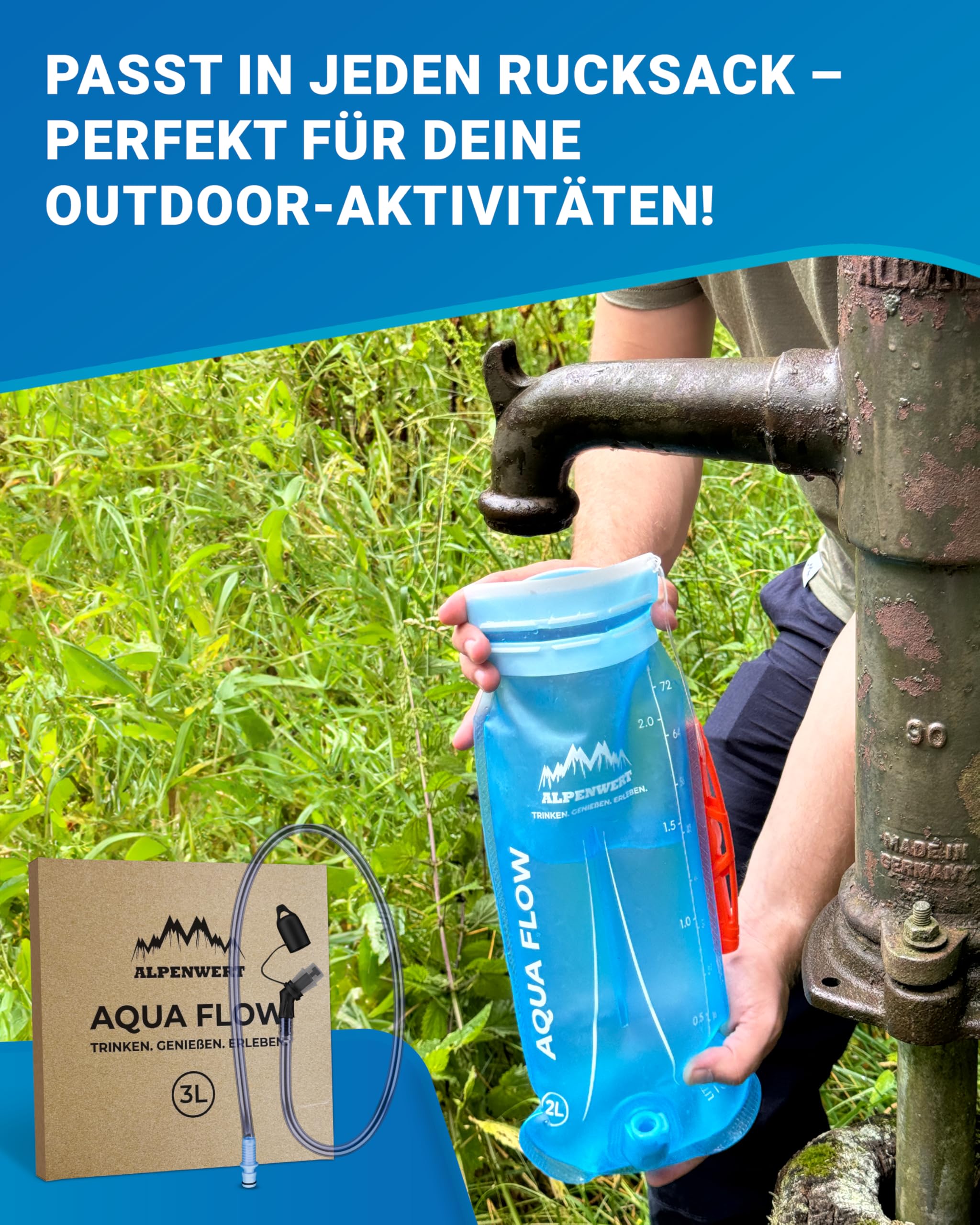 Alpenwert® Trinkblase mit Trinkschlauch [Wasserblase 2L/3L BPA FREE] Ultraleicht Trinksystem für Rucksack perfekt für Outdoor, Laufen, Trailrunning