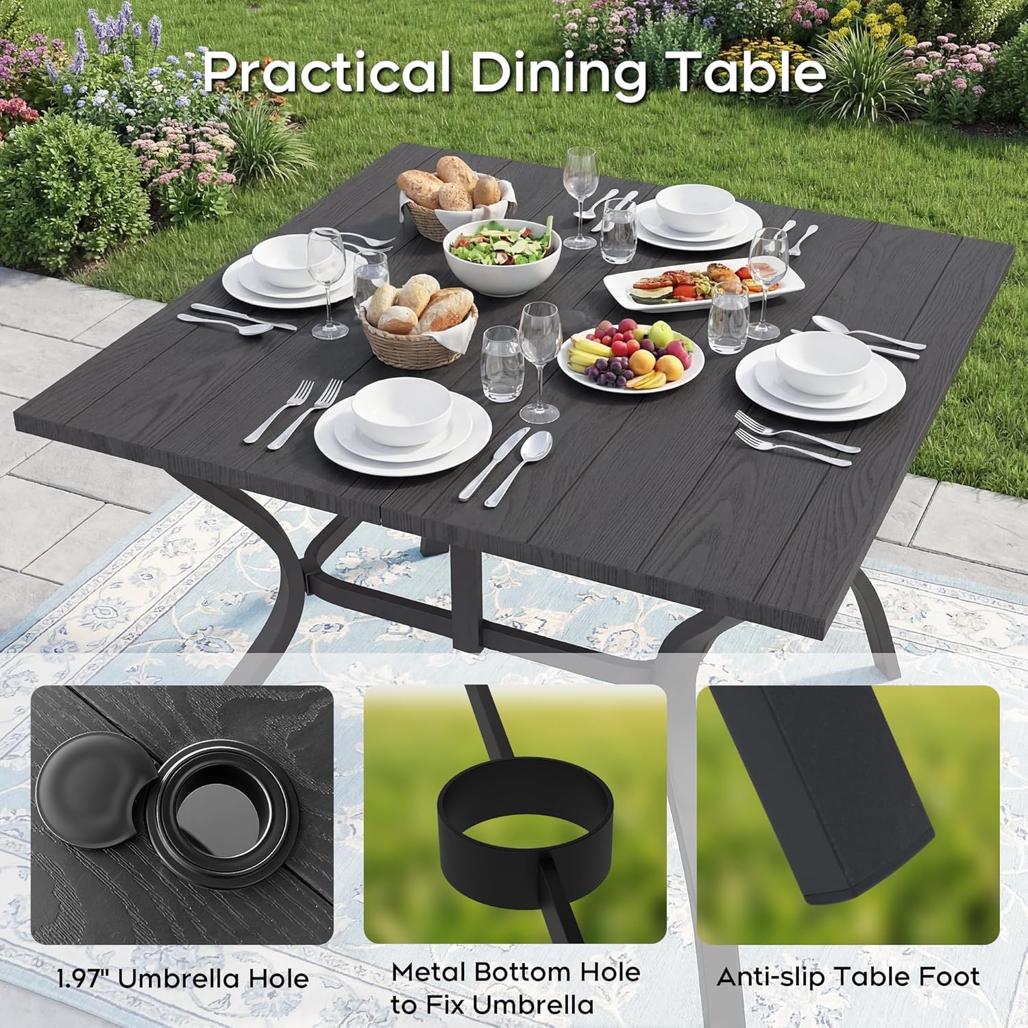 5 Piece Outdoor Dining Set 37.8'' Square Table and Chairs for 4, All Weather Patio Furniture Set with Umbrella Hole Metal Dining Set for Deck Backyard Pool