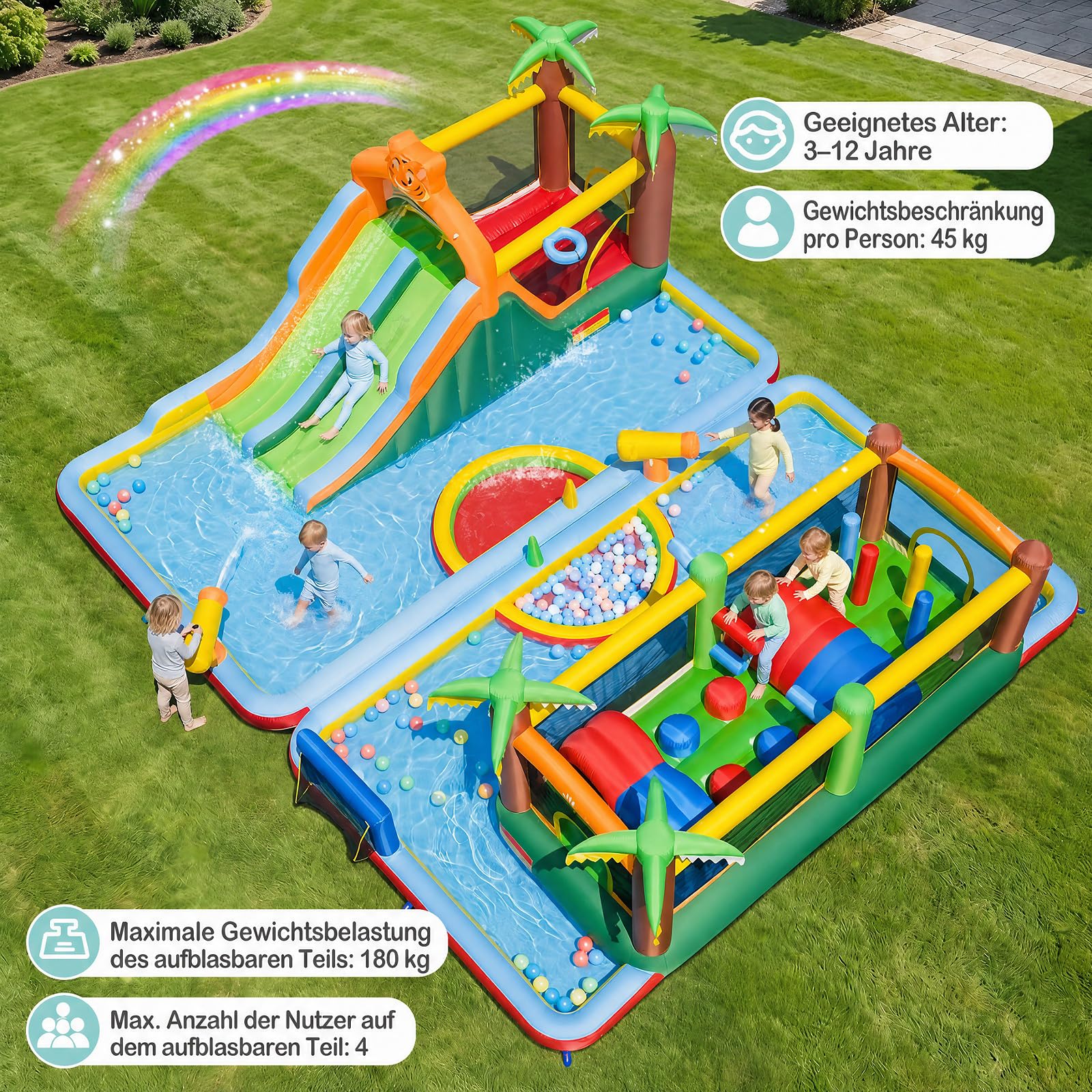 COSTWAY Hüpfburg XXL, Wasserpark, einzeln oder kombiniert verwenden | Bouncy Castle mit 2 Rutschen, Sprungbereich, Kletterwand, Ringwurfspiel, Planschbecken & 2 Wasserpistolen