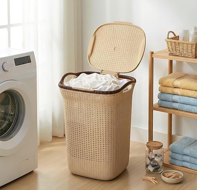 PrettyKrafts 60L Plastic Laundry Basket with Lid | Large Clothes Laundry Basket & Storage Bin | Toy Storage Basket | Multipurpose Storage Organiser | 61x45x35cm | Beige