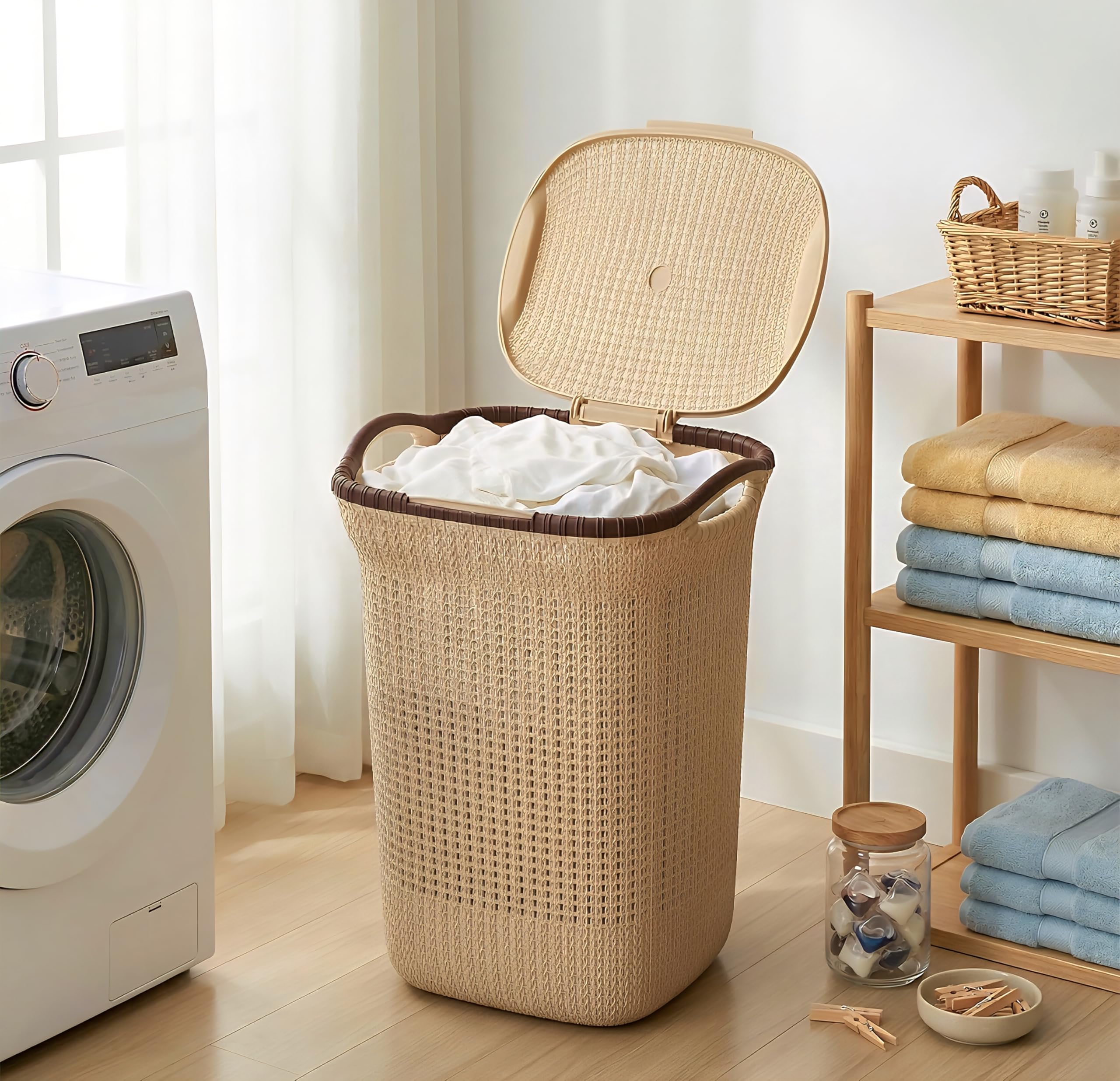 PrettyKrafts 60L Plastic Laundry Basket with Lid | Large Clothes Laundry Basket & Storage Bin | Toy Storage Basket | Multipurpose Storage Organiser | 61x45x35cm | Beige