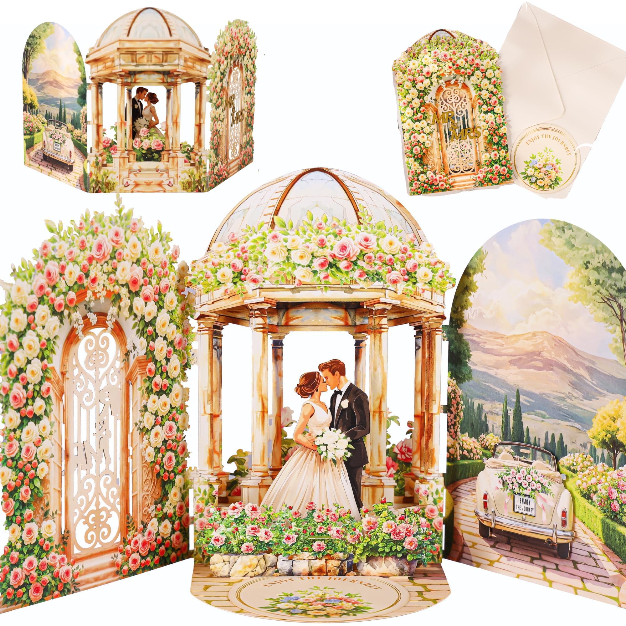 Kartka weselna 3D Pop Up, elegancka kartka weselna 3D z parą młodą, łukiem kwiatowym i samochodem weselnym, kartka pop-up na wesele na prezent pieniężny, bon podarunkowy, kartka z życzeniami z okazji