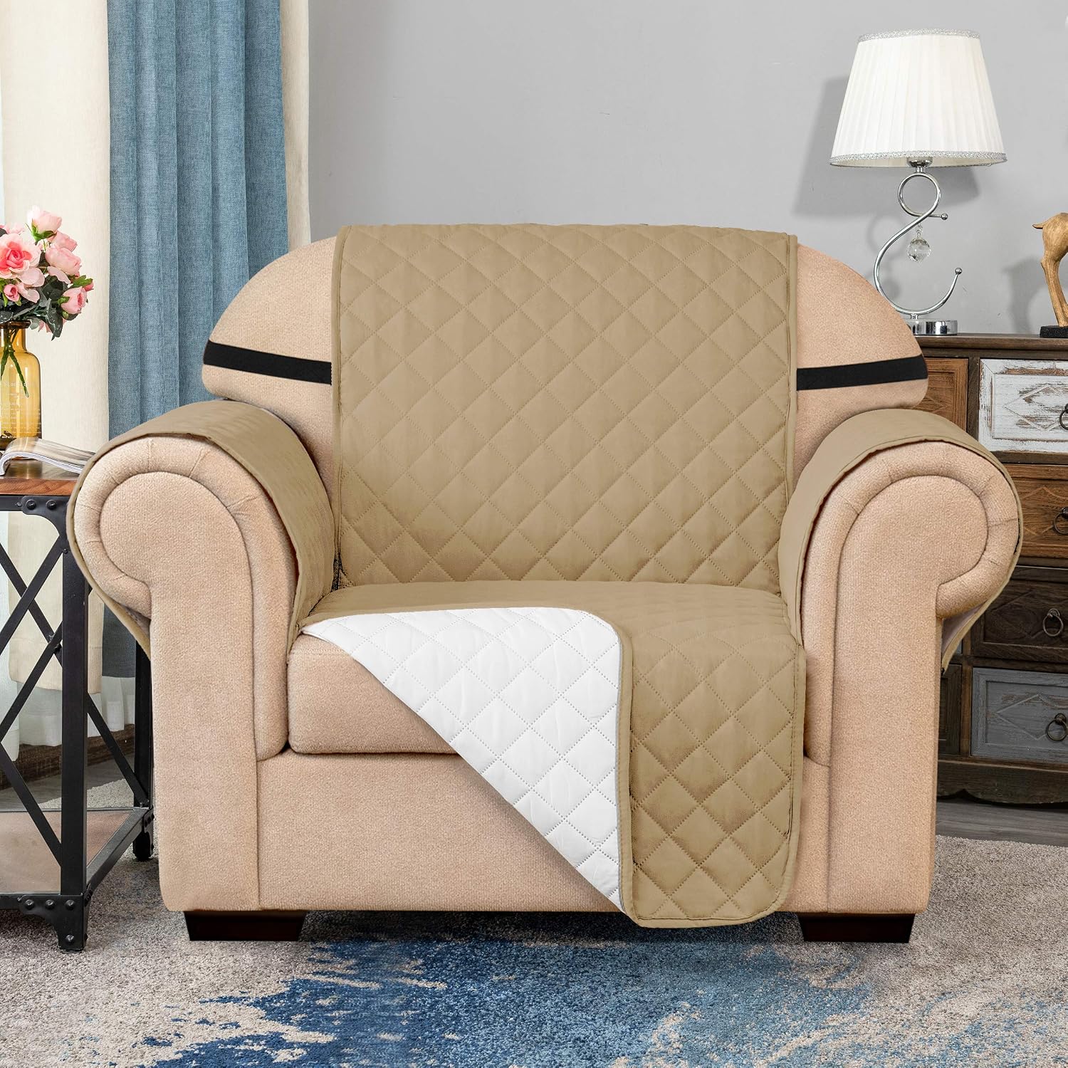 SU SUBRTEX Strench Sofa Cover Reversible Furniture Protector with Elastic Strap for Livingroom Non-Slip Washable Couch Chair for Pets Kids Children(1 Seater,Sand) - Image 3
