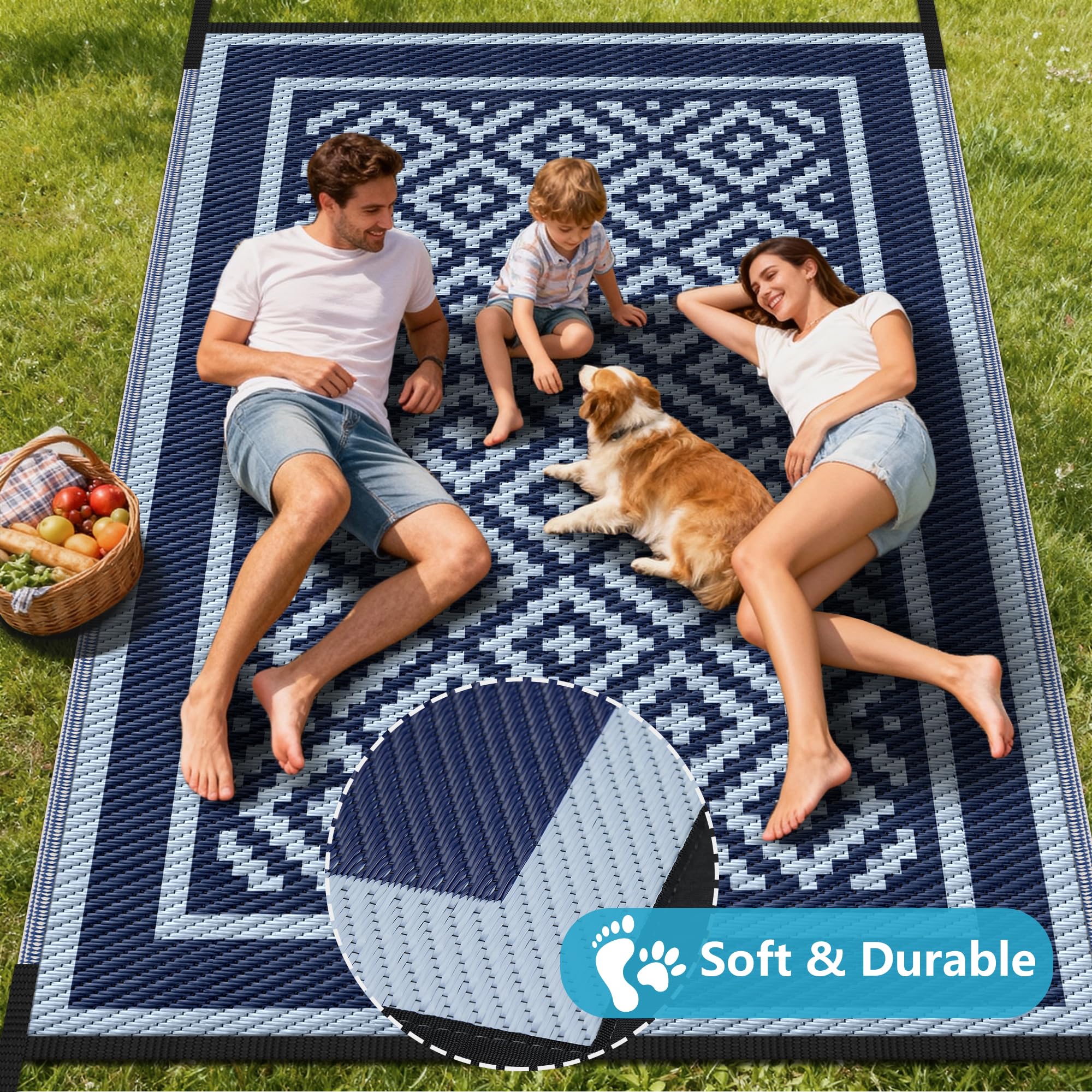 Kohree Tapis d'extérieur réversible avec 4 piquets et 1 sac de transport pour camping-car, terrasse, arrière-cour, pique-nique, porche, bleu, 2,9 x 3,5 m