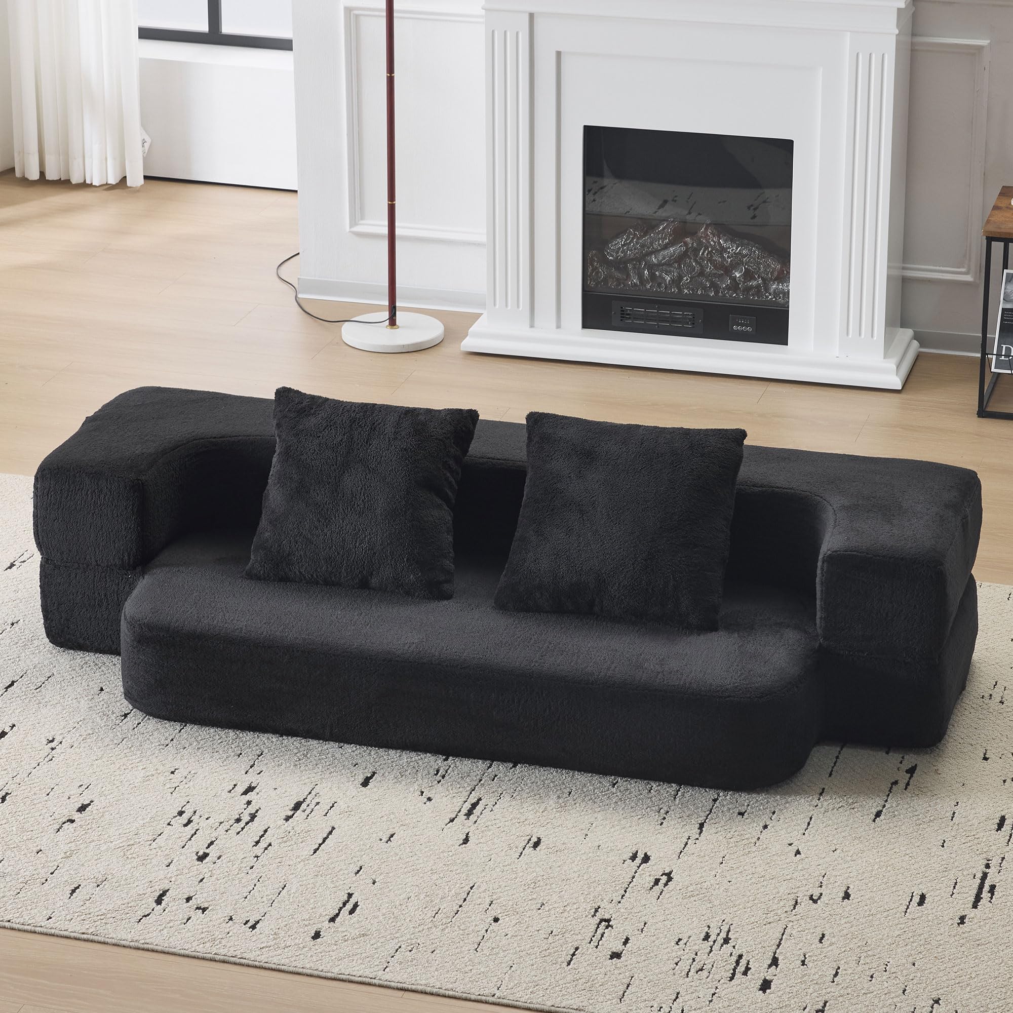 Sofá multifuncional con 2 cojines, sofá convertible moderno, sofá de 2 plazas de suelo, ahorro de espacio, espuma de alta resistencia, para sala de estar y dormitorio, no requiere montaje, negro