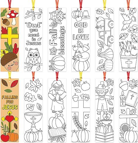 75 marcapáginas de otoño para niños, tema religioso, para colorear en blanco, para el aula, suministros de manualidades para profesores,
