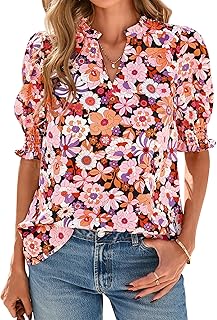 BTFBM Blusas de verano para mujer, elegantes, informales, para primavera, 2025, estilo bohemio, cuello en V, manga corta, abombada, para trabajo y negocios