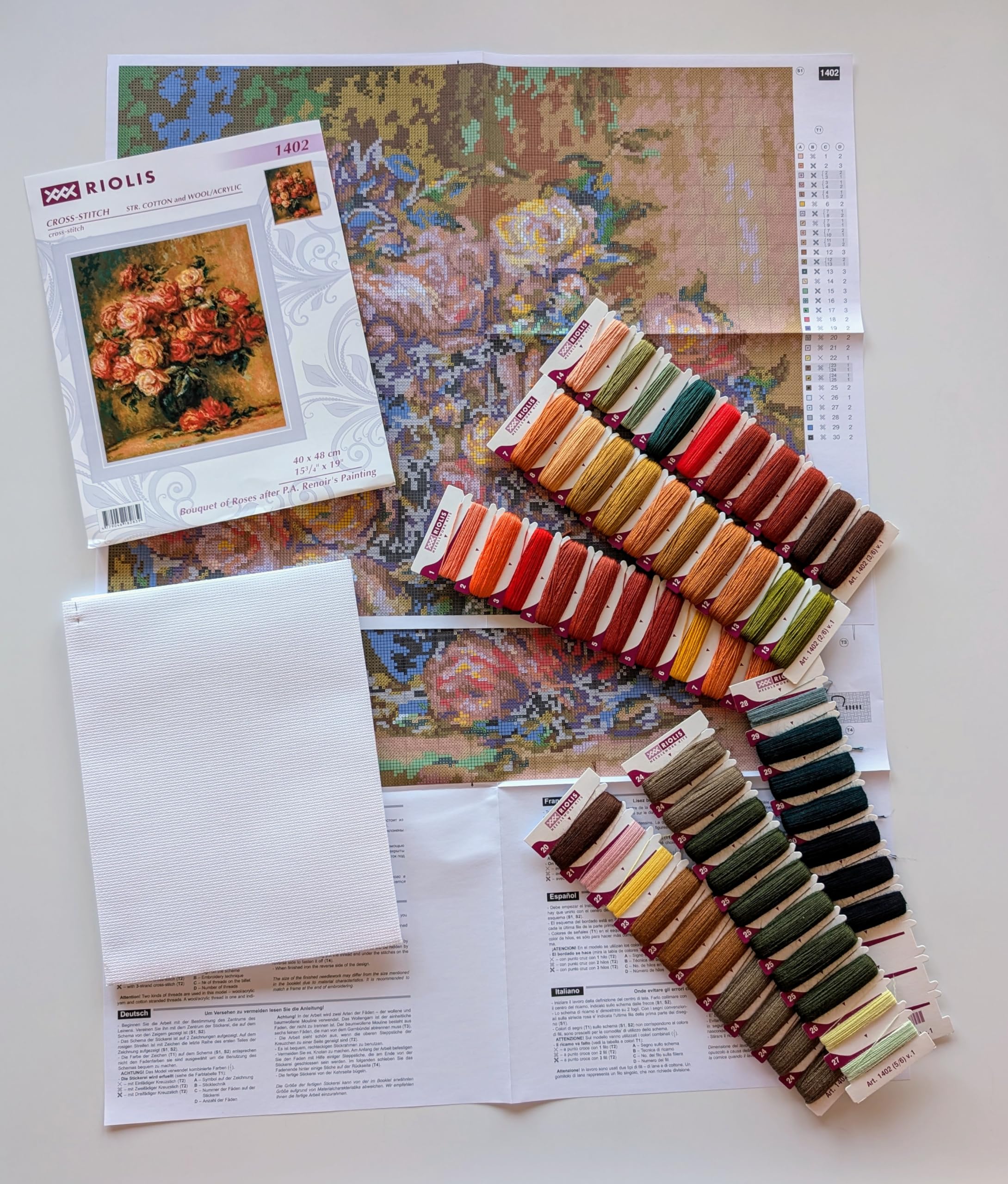 RIOLIS - Bouquet di Rose da un dipinto di Pierre-Auguste Renoir 1402, Punto croce 40x48cm, Punto croce kit da ricamare, Disegni da ricamare, Embroidery kit, Kit ricamo punto croce