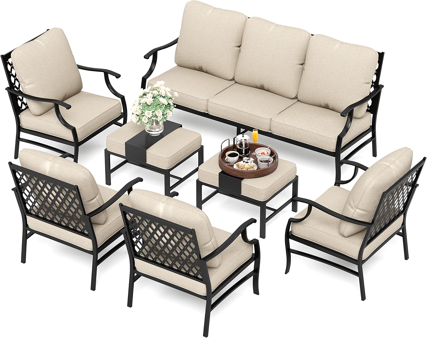 HERA'S HOUSE 7 Piece Patio Furniture Set, 4 x Metal Cushioned Chair, 2 x Cushioned Ottoman, 1 x 3-Seat Sofa, Outdoor Conversation Set for Lawn Garden Backyard