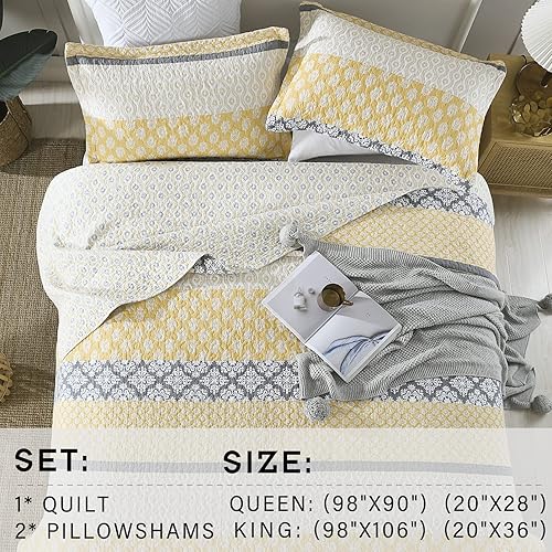 Miniatura 5 de Juego de edredón tamaño Queen 100 algodón ligero a rayas amarillo gris y blanco para cama Queen colcha reversible floral de granja para todas las